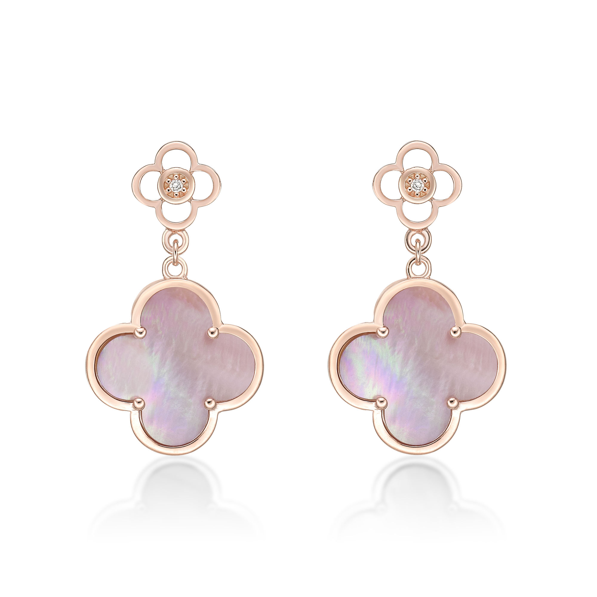 Women's Pink Mother of Pearl Double Flower Dangle Drop Earrings in Rose Gold Plated Sterling Silver - Friction Back - Flora | Lavari Jewelers