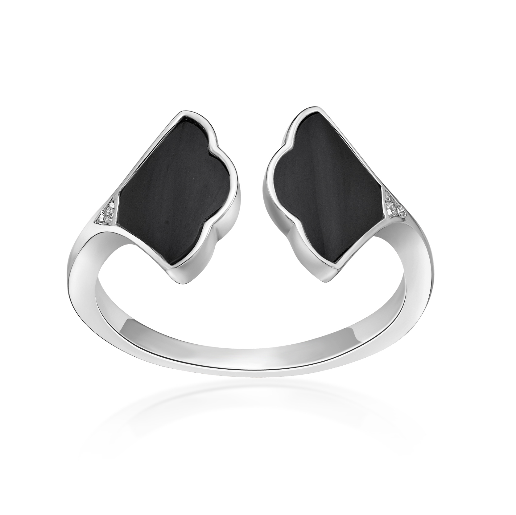Lavari Jewelers Women's Black Onyx Open Fan Ring, 925 Sterling Silver, Cubic Zirconia