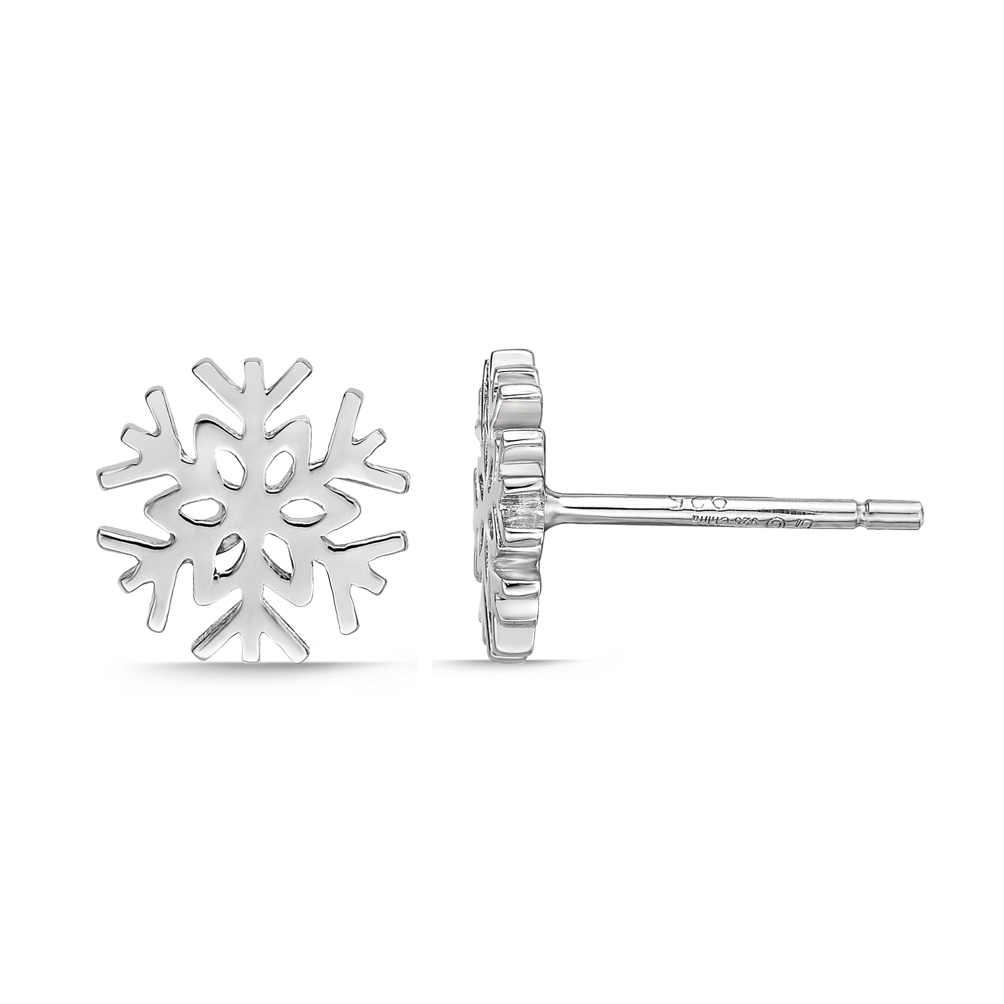 Women's Snowflake Stud Earrings with Friction Post Back, 925 Sterling Silver, Cubic Zirconia, 8 MM - Flurry | Lavari Jewelers