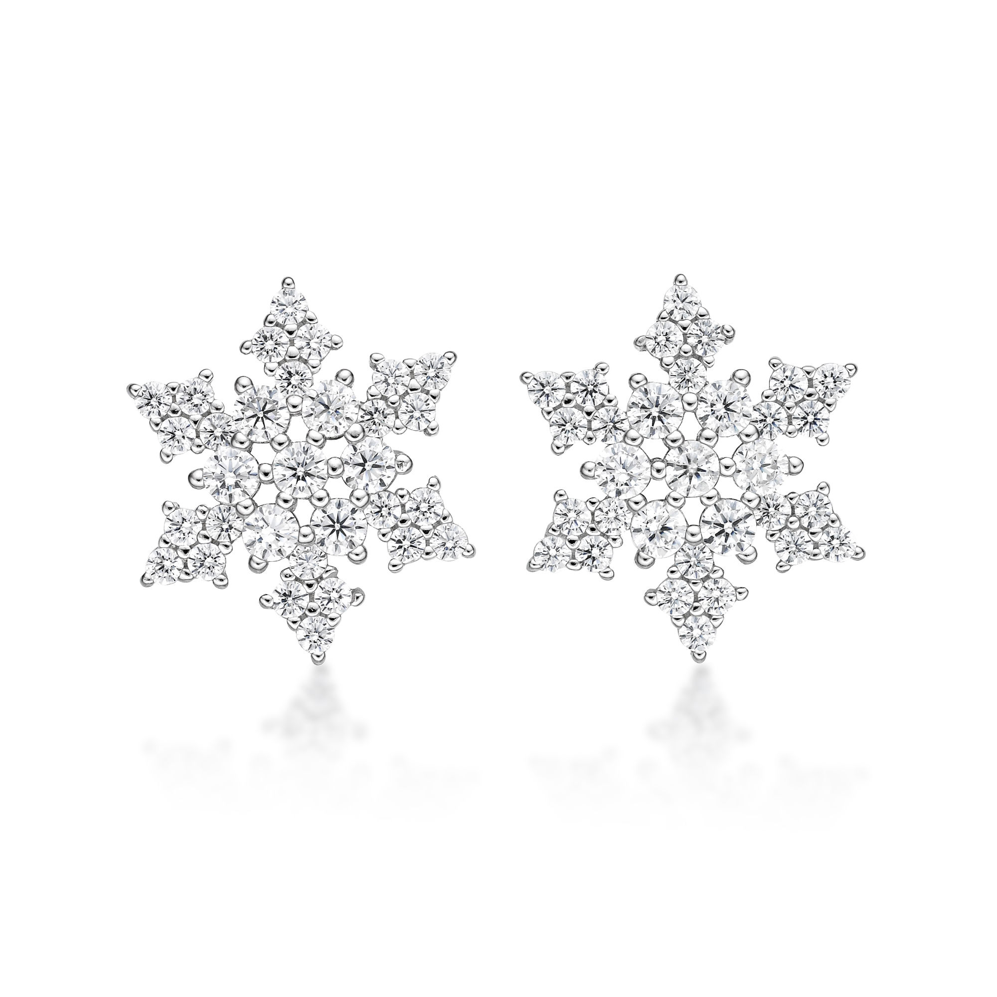Women's Snowflake Stud Earrings with Friction Post Back, 925 Sterling Silver, Cubic Zirconia, 13 MM - Flurry | Lavari Jewelers