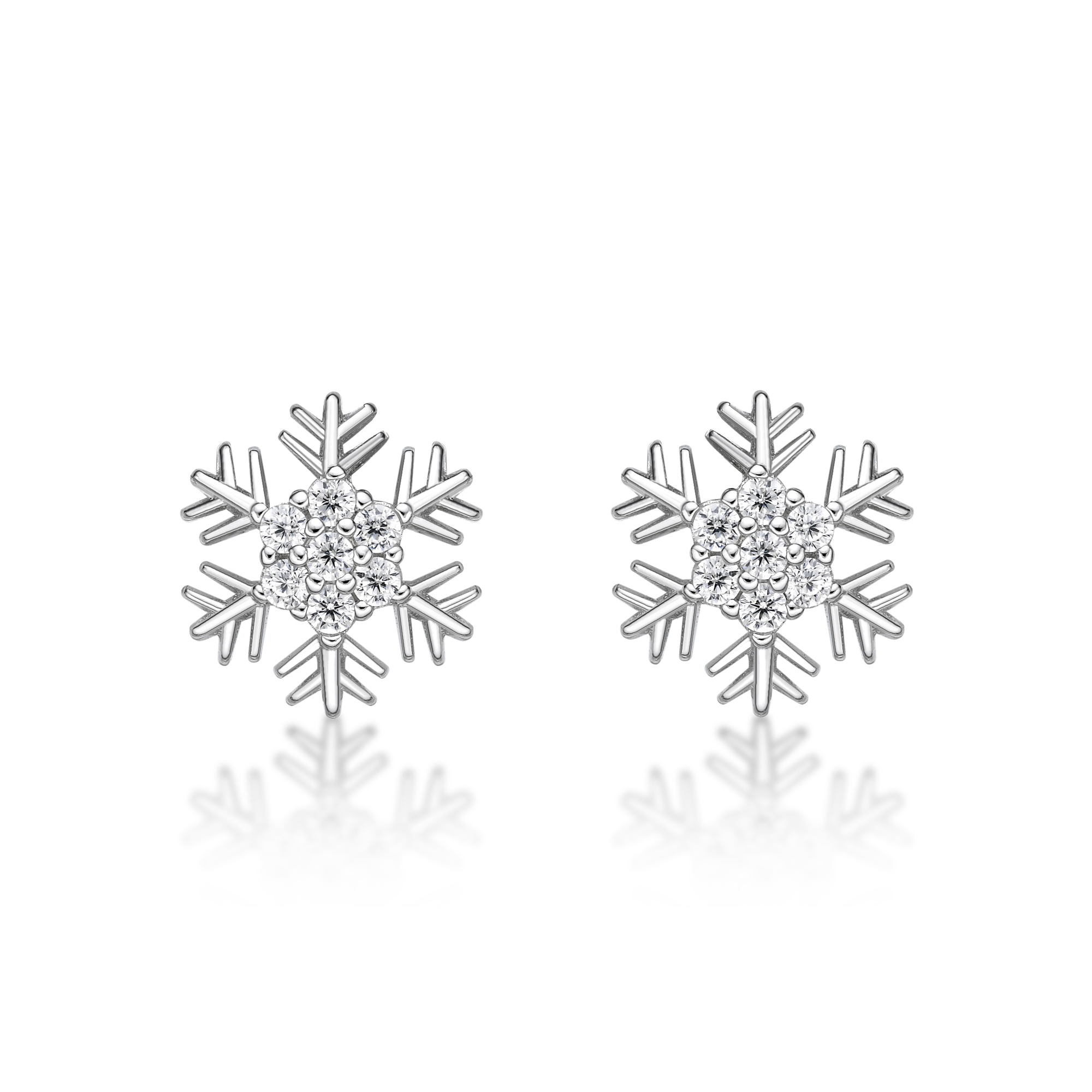 Lavari Jewelers Women's Snowflake Stud Earrings with Friction Back, 925 Sterling Silver, Cubic Zirconia, 10 MM