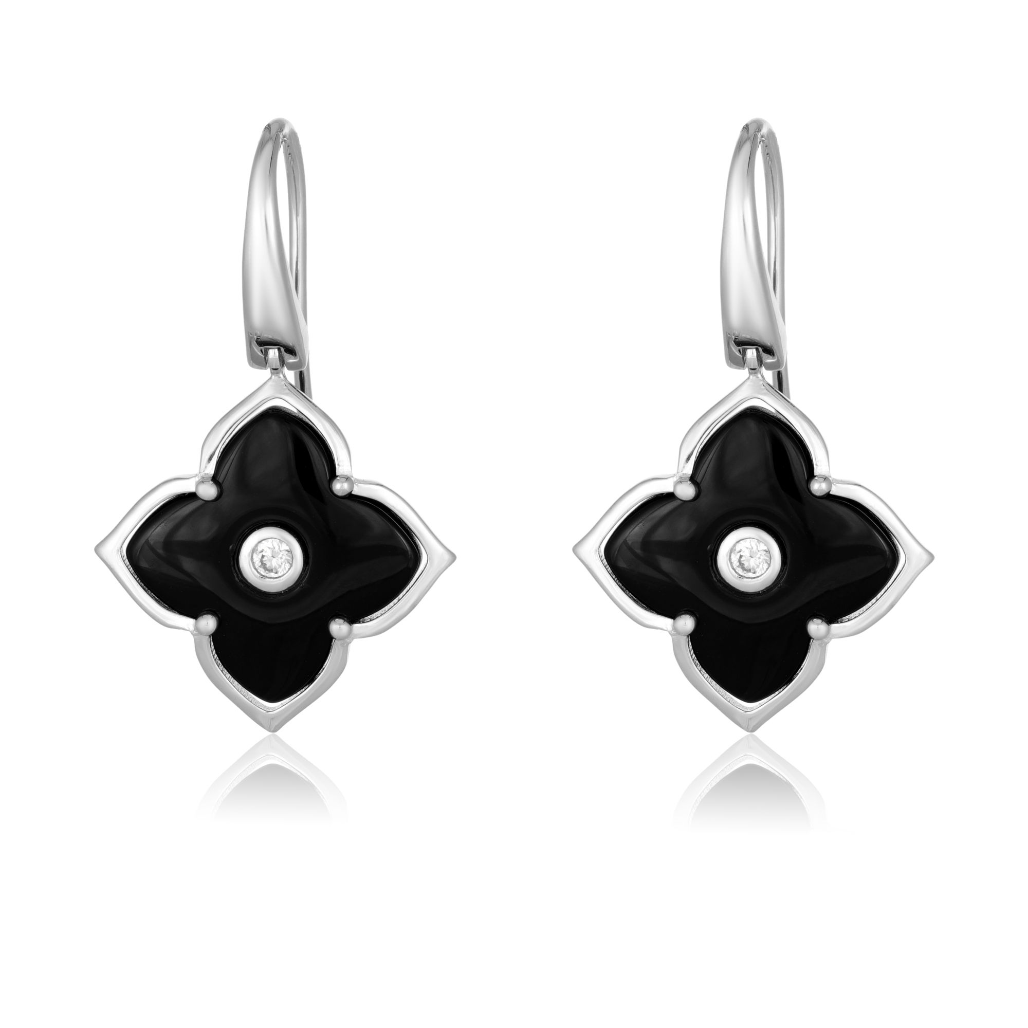 Lavari Jeweler Women's Black Onyx Flower Drop Dangle Earrings with Fish Hooks, 925 Sterling Silver, 16 MM