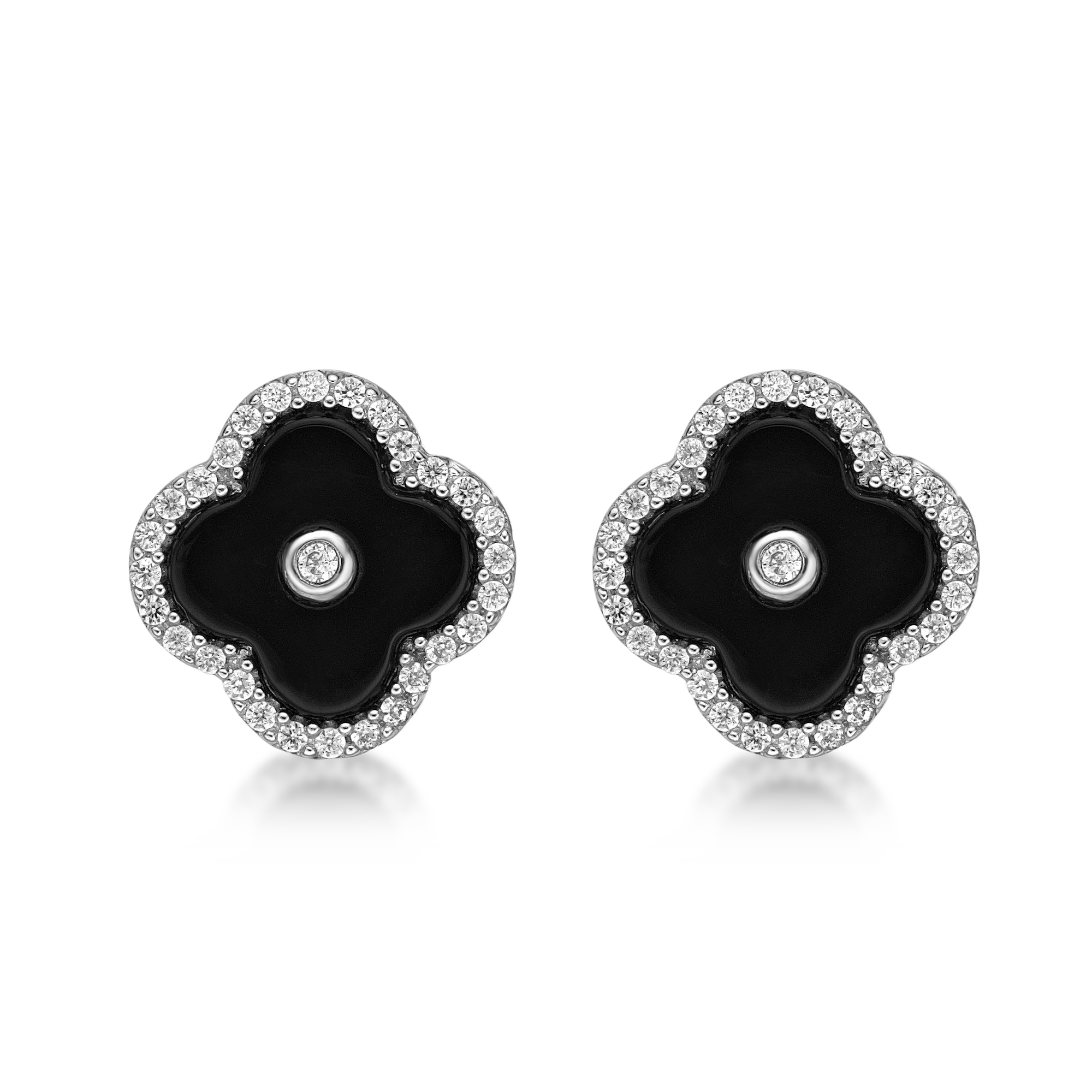 Women's Black Onyx Flower Stud Earrings in 925 Sterling Silver with Cubic Zirconia Halo - Friction Back - Flora | Lavari Jewelers