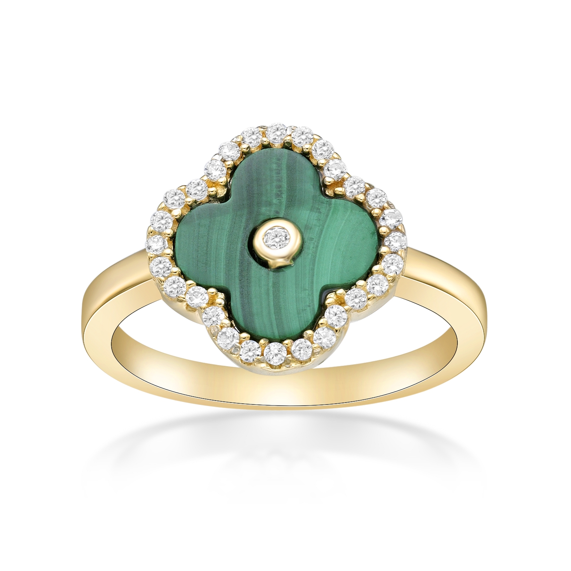 Women's Malachite Flower Ring in Yellow Gold Plated Sterling Silver with Cubic Zirconia Halo - Flora | Lavari Jewelers