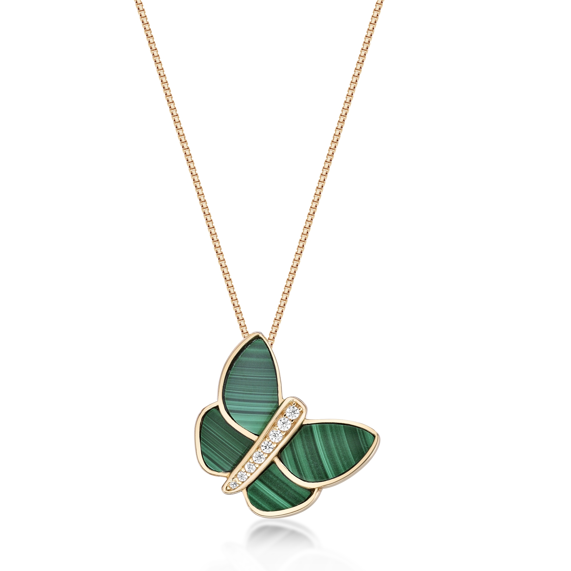 Lavari Jewelers Women’s Malachite Butterfly Pendant Necklace with Spring Ring Clasp, 925 Sterling Silver, Cubic Zirconia, 18 Inch Chain