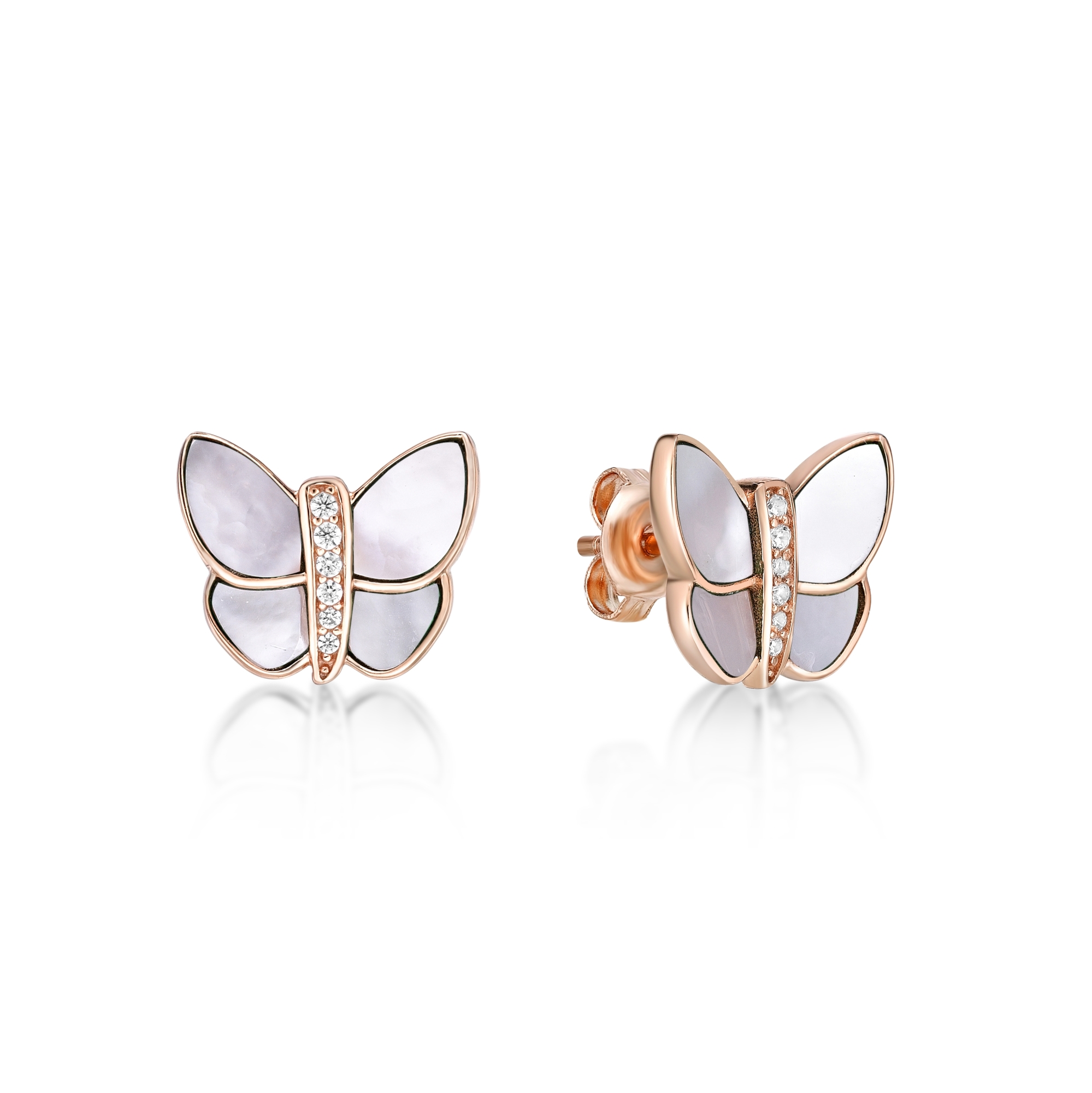 Lavari Jewelers Women’s Mother of Pearl Butterfly Stud Earrings with Friction Back, 925 Sterling Silver, Cubic Zirconia