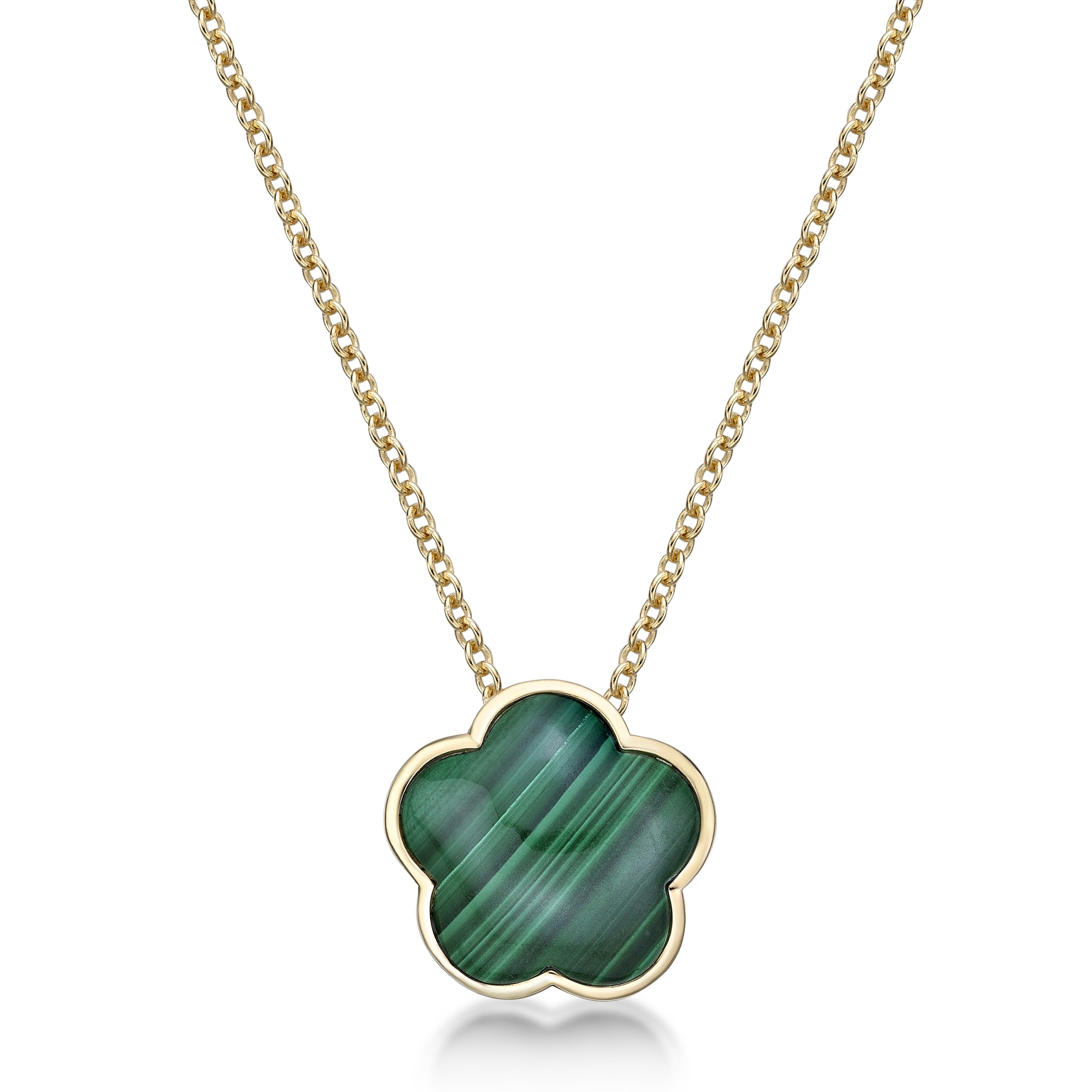 Lavari Jewelers Women’s Malachite Five Petal Flower Pendant Necklace with Spring Ring and Yellow Gold Plating, 925 Sterling Silver, Cubic Zirconia, 18 Inch Chain
