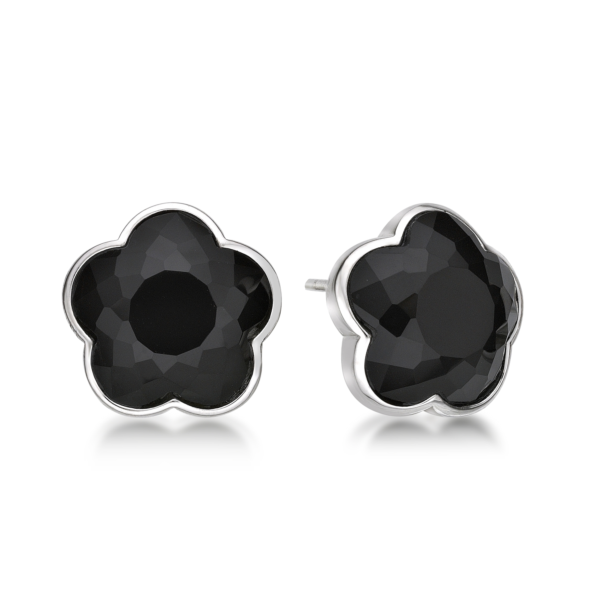Lavari Jewelers Women's Black Onyx Five Petal Flower Stud Earring with Friction Back, 925 Sterling Silver