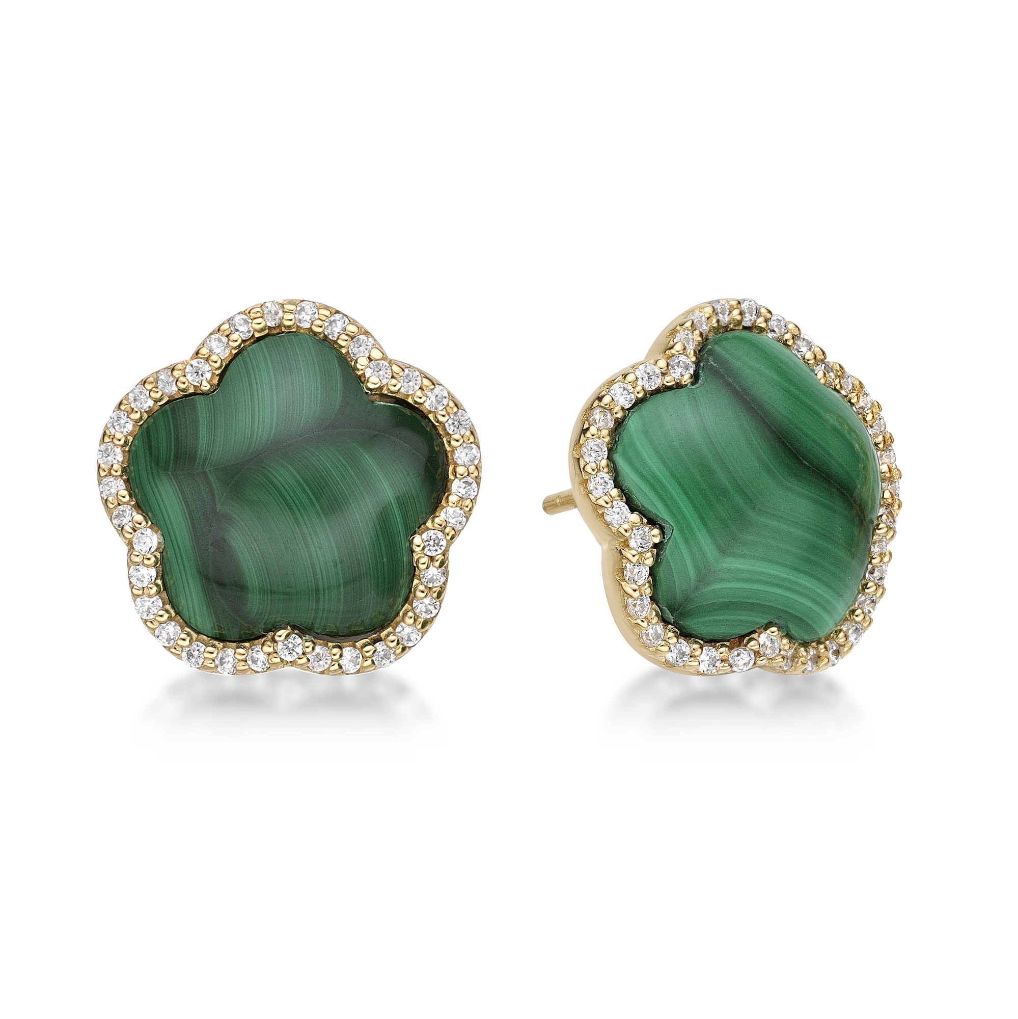 Lavari Jewelers Women’s Malachite Five Petal Flower Stud Earrings with Friction Back and Yellow Gold Plating, 925 Sterling Silver, Cubic Zirconia