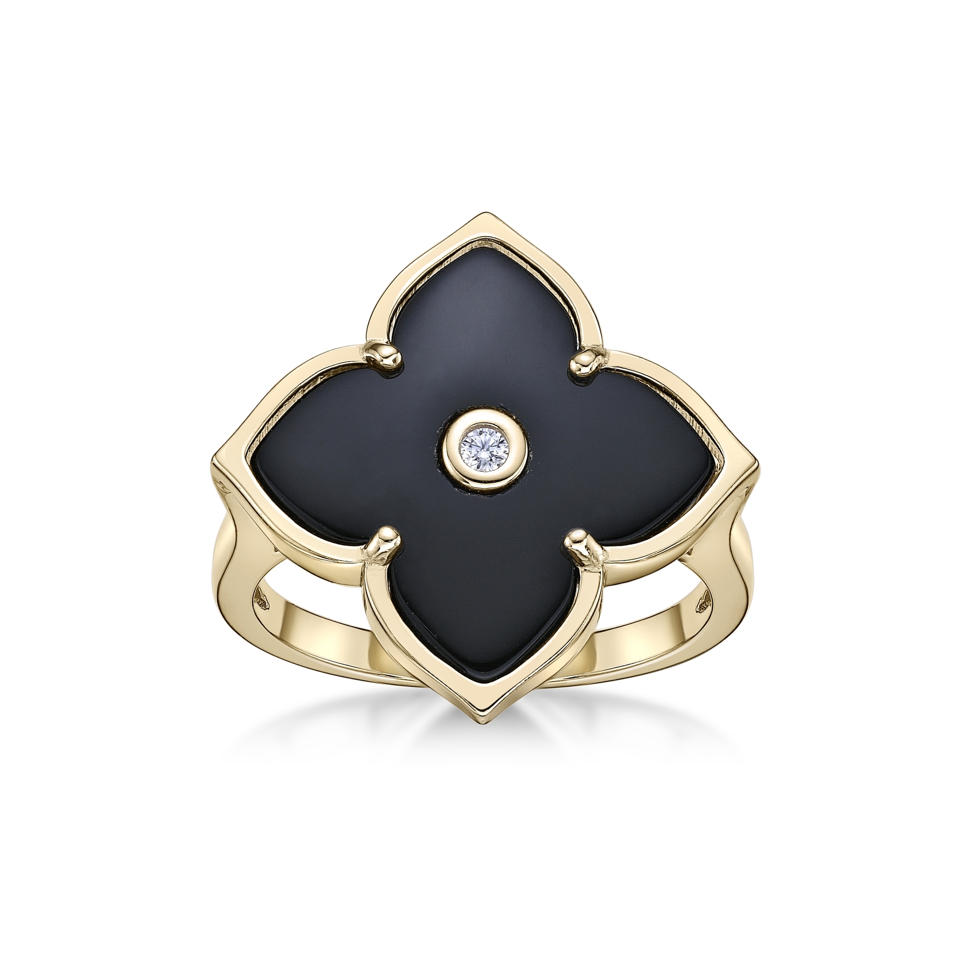 Lavari Jewelers Women’s Black Onyx Flower Ring, 925 Yellow Sterling Silver, Cubic Zirconia