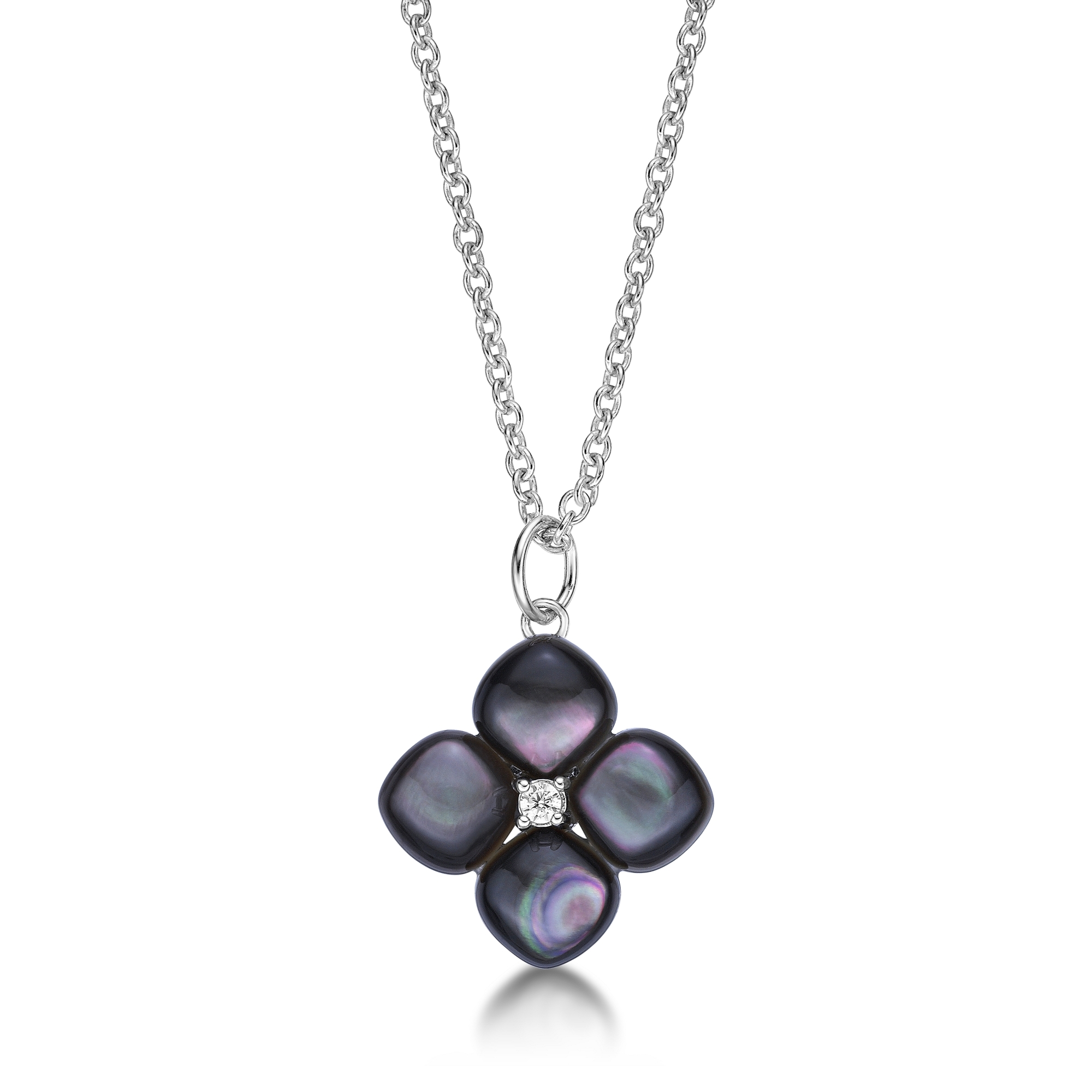 Women's Black Mother of Pearl Flower Pendant Necklace in 925 Sterling Silver with Cubic Zirconia - 18 Inch Adjustable Cable Chain - Flora | Lavari Jewelers
