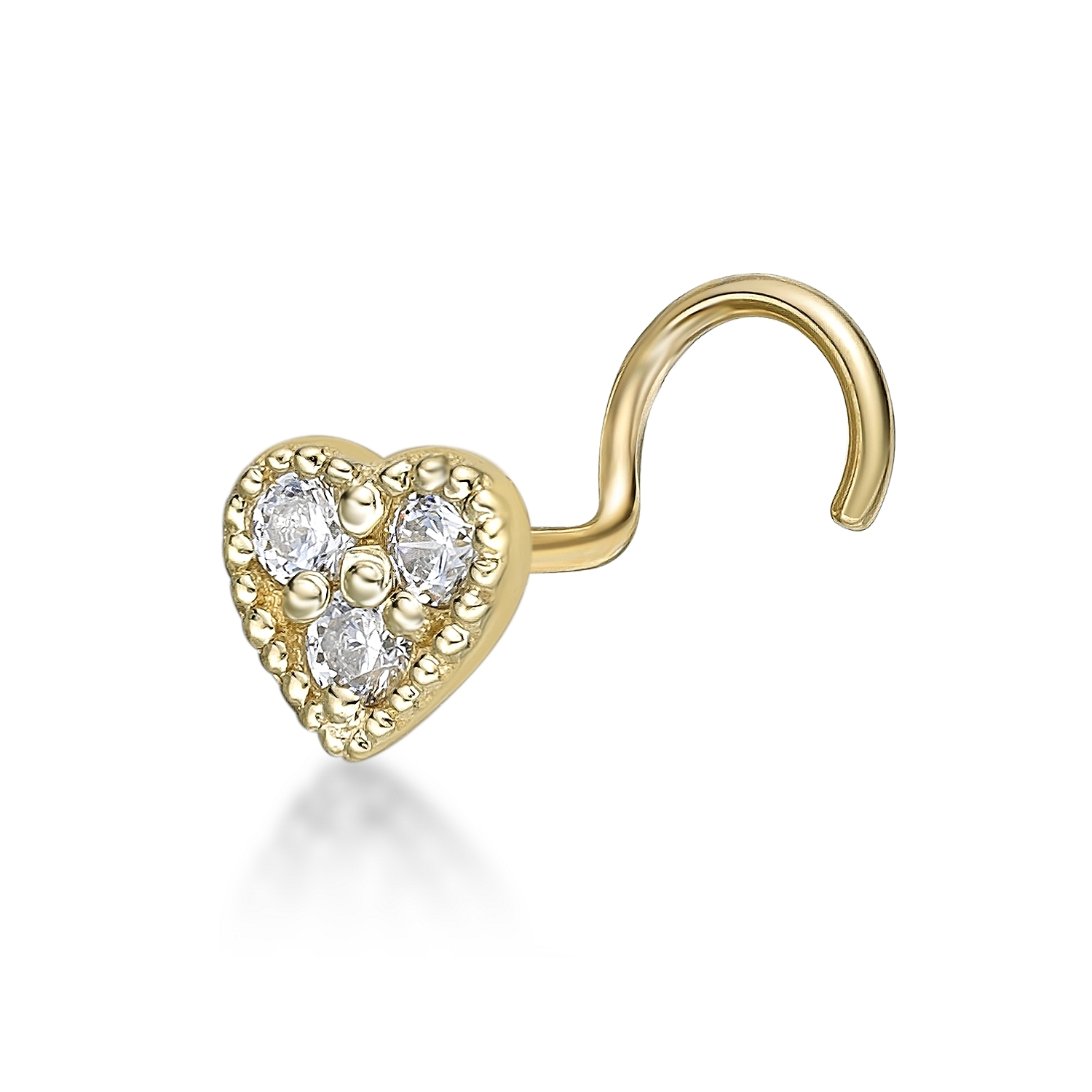 Women's Heart Stud Nose Ring, 10K Yellow Gold, 2 MM Cubic Zirconia, 20 Gauge | Lavari Jewelers