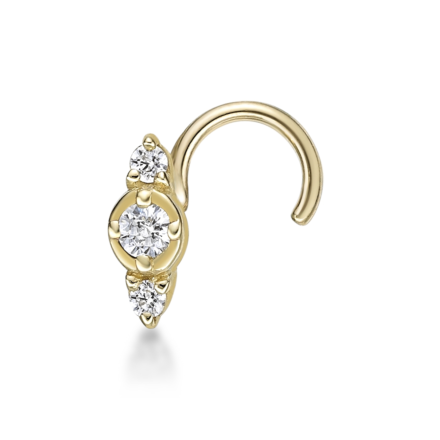 Women's 3 Stone Stud Nose Ring, 10K Yellow Gold, 2 MM Cubic Zirconia, 20 Gauge  | Lavari Jewelers