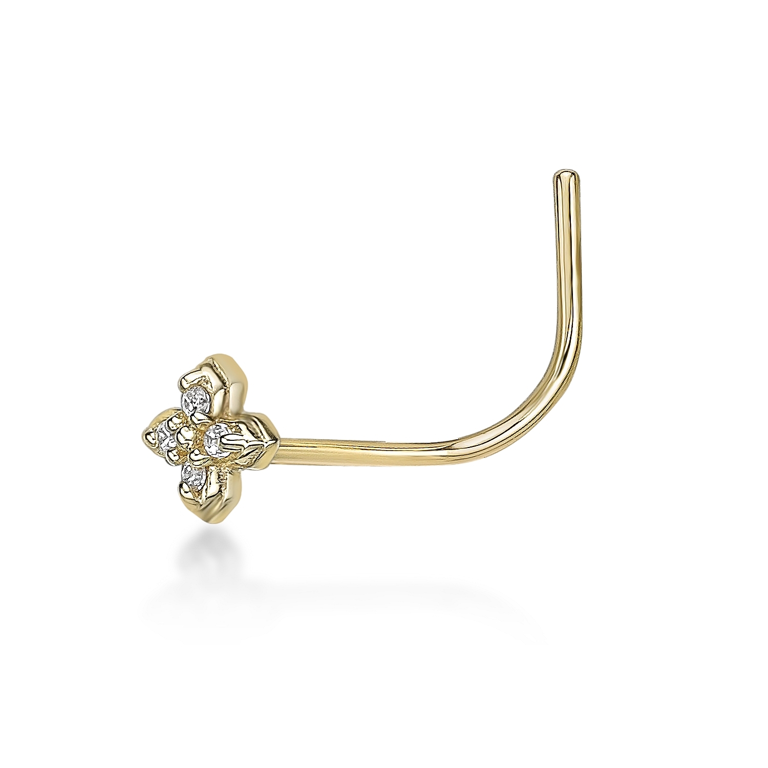 Women's Flower Curved Stud Nose Ring, 14K Yellow Gold, 1 MM Cubic Zirconia, 20 Gauge | Lavari Jewelers