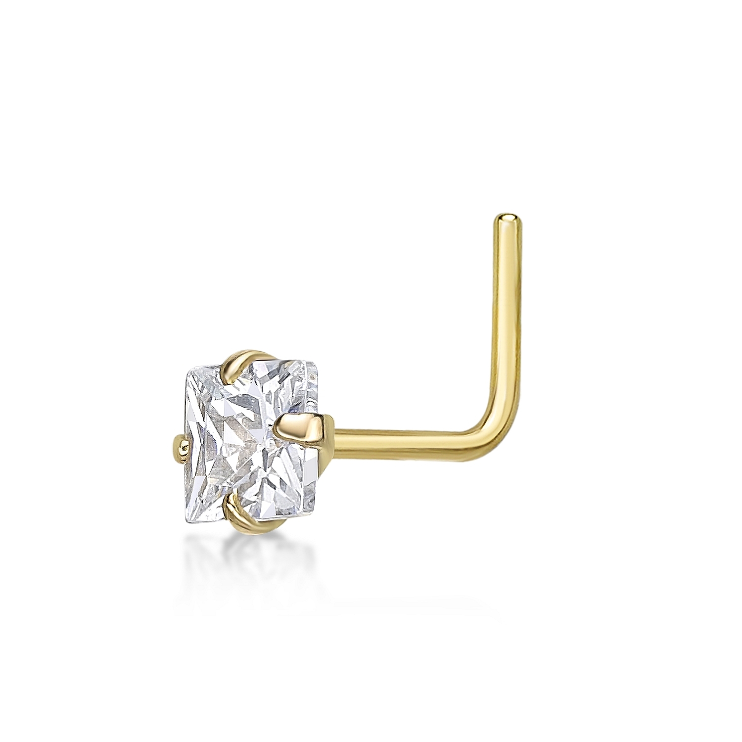 Women's L-Shape Stud Nose Ring, 14K Yellow Gold, 3 MM Cubic Zirconia, 20 Gauge | Lavari Jewelers