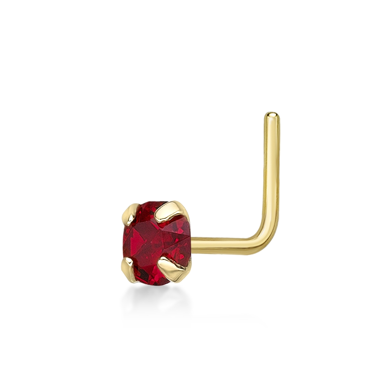 Women's 3 MM Red Swarovski L-Shape Stud Nose Ring, 14K Yellow Gold, 20 Gauge | Lavari Jewelers