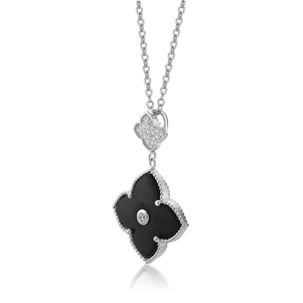 Women's Black Onyx Double Flower Pendant Necklace in Yellow Gold Plate Sterling Silver with Cubic Zirconia - 16-18 Inch Adjustable Cable Chain - Flora | Lavari Jewelers