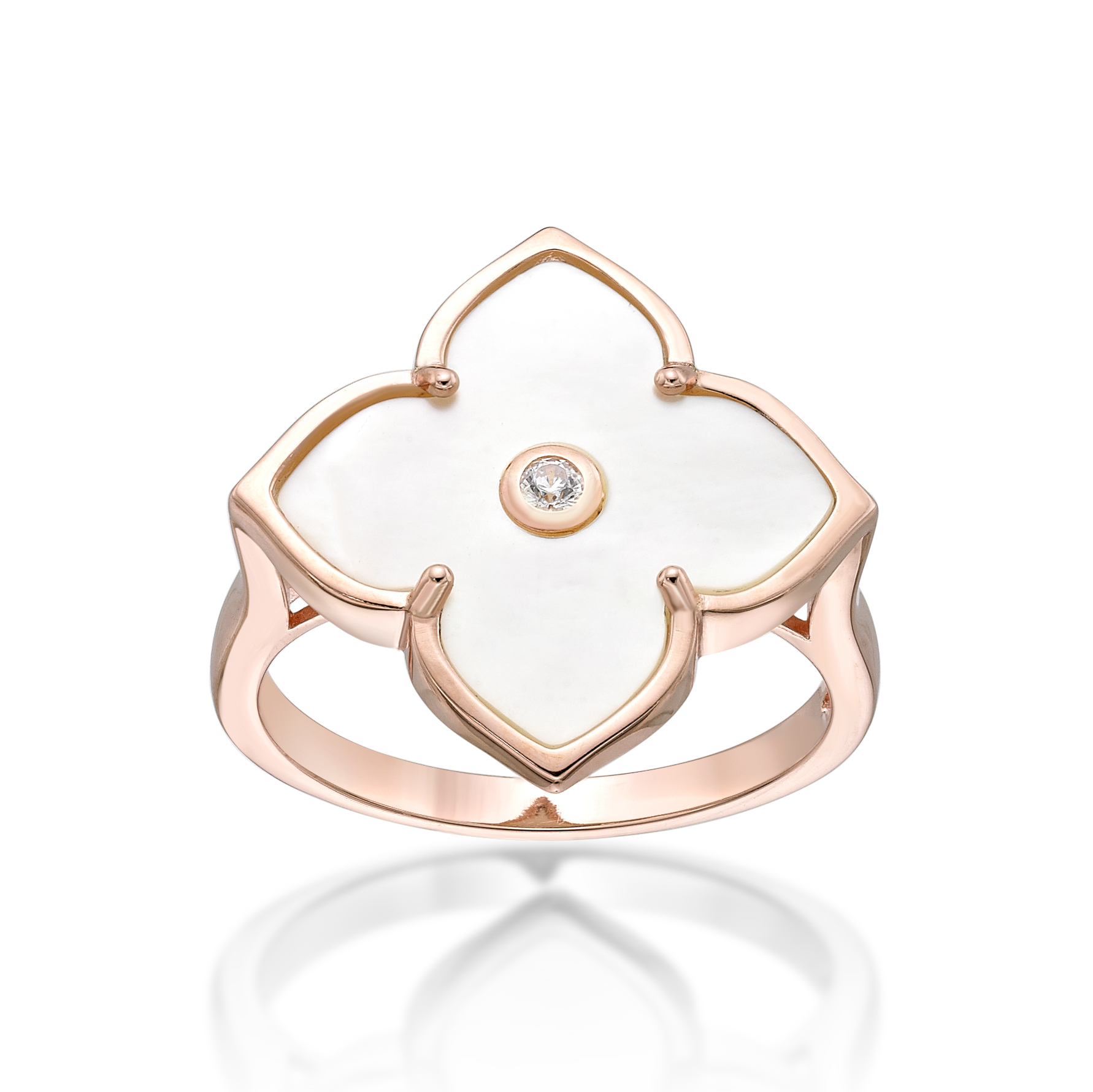 Lavari Jewelers Women's Mother of Pearl Flower Ring with Rose Gold Plating, 925 Sterling Silver, Cubic Zirconia