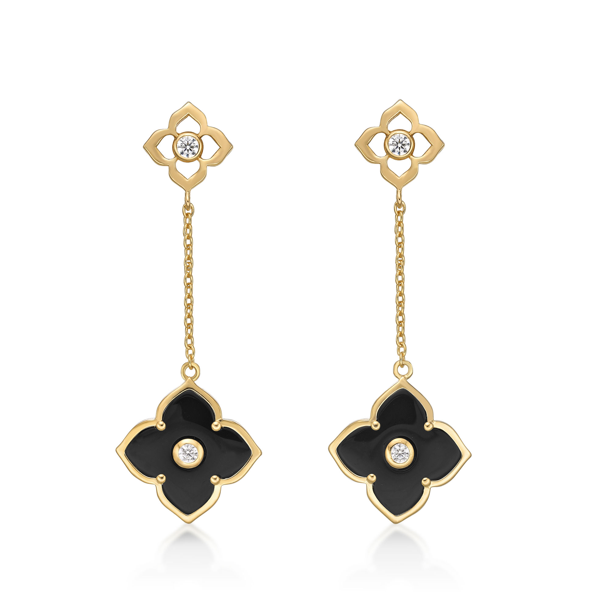 Women's Black Onyx Double Flower Dangle Drop Earrings in Yellow Gold Plated Sterling Silver with Cubic Zirconia - Friction Back - Flora | Lavari Jewelers