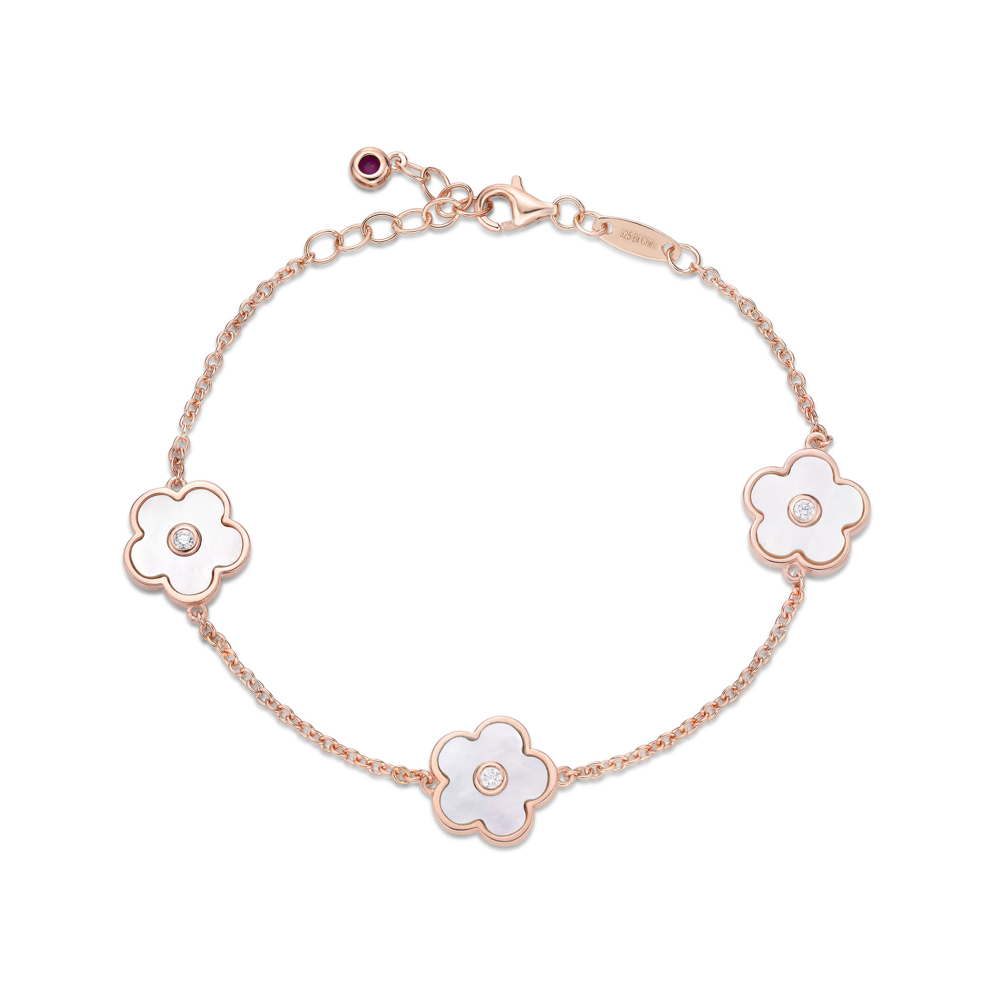Lavari Jewelers Women's Mother of Pearl Triple Flower Bracelet with Lobster Clasp, 925 Pink Sterling Silver, Cubic Zirconia, 8 Inches