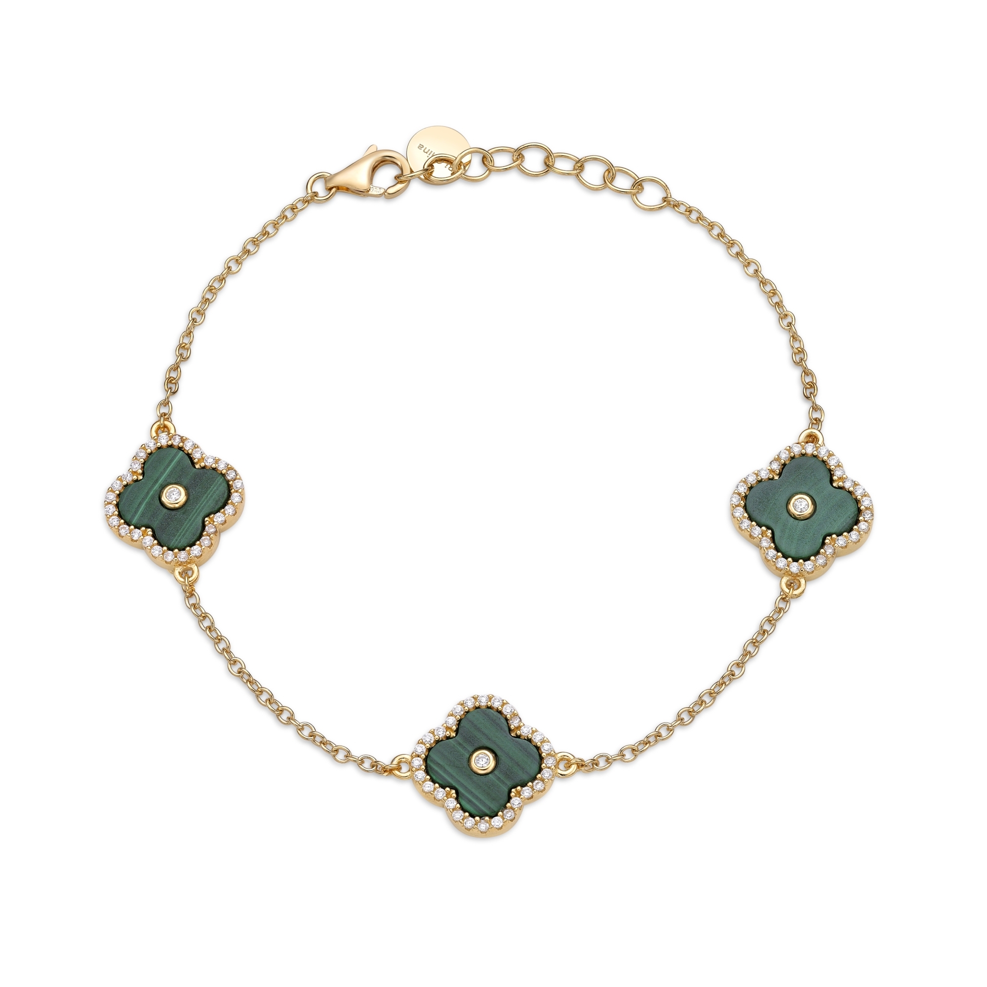 Lavari Jewelers Women's Malachite Triple Flower Bracelet, 925 Yellow Sterling Silver, Cubic Zirconia, 7 Inches