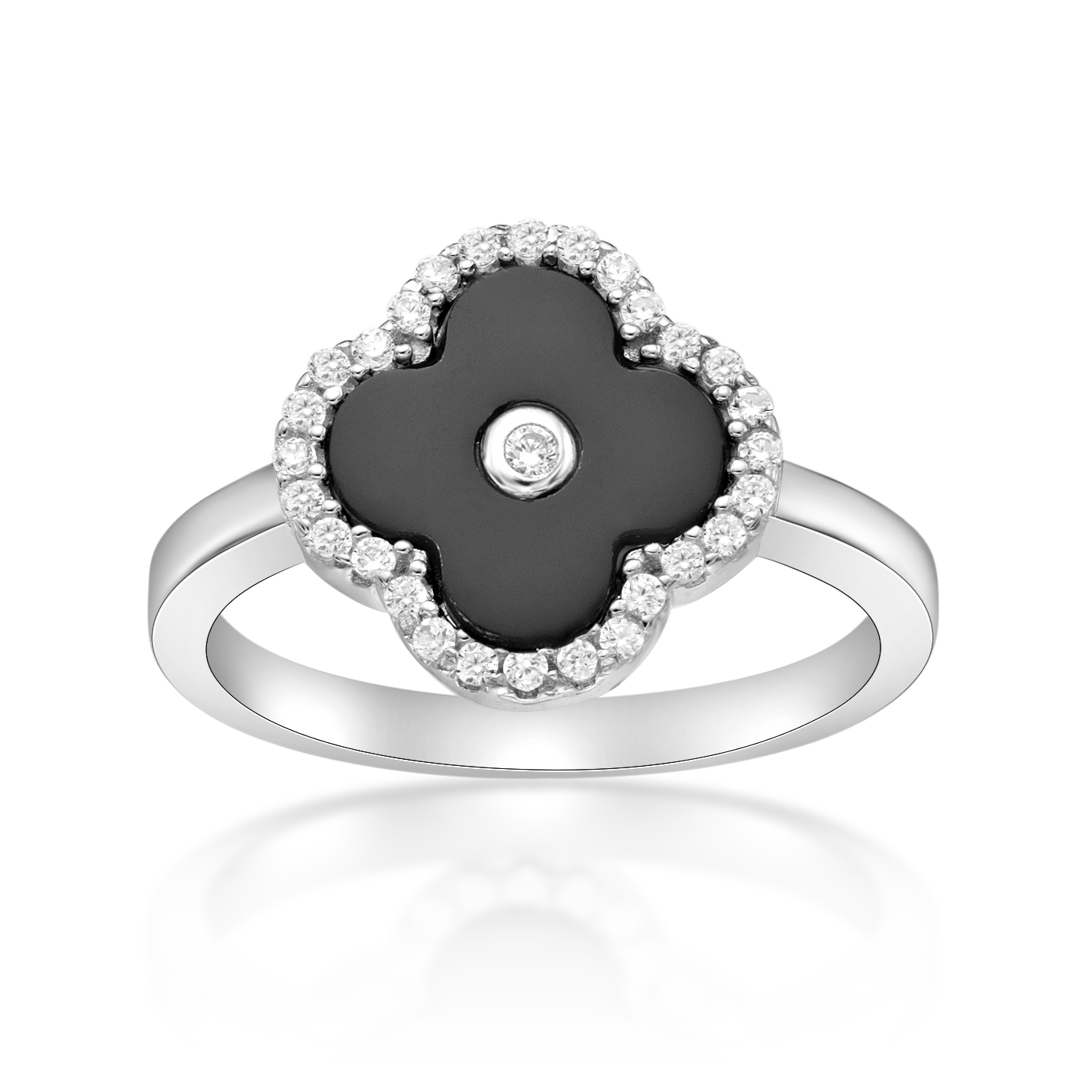 Lavari Jewelers Women’s Black Onyx Flower Ring, 925 Sterling Silver, Cubic Zirconia, Size 6