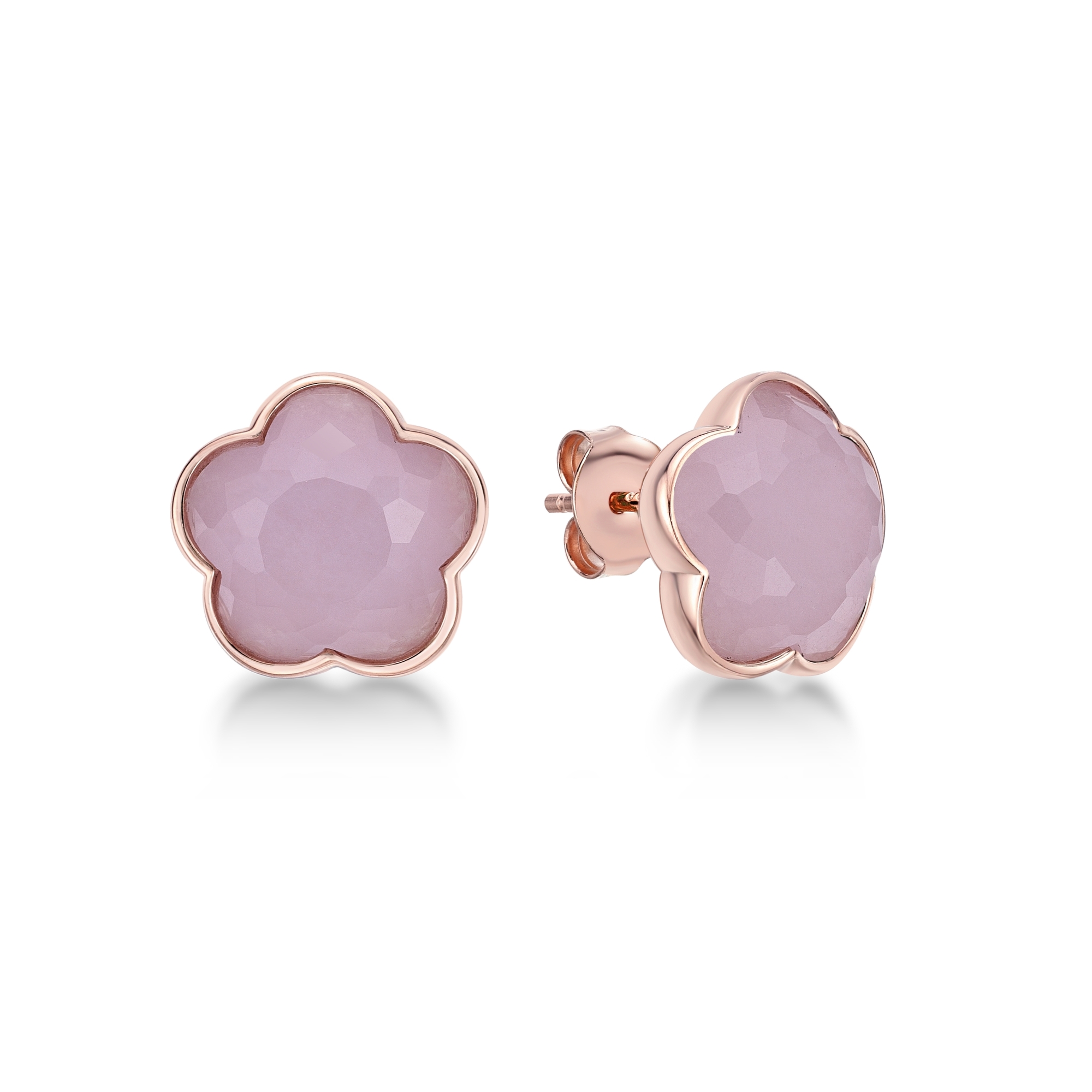 Women's Pink Quartz Flower Stud Earrings in Rose Gold Plated Sterling Silver - Friction Back - Flora | Lavari Jewelers