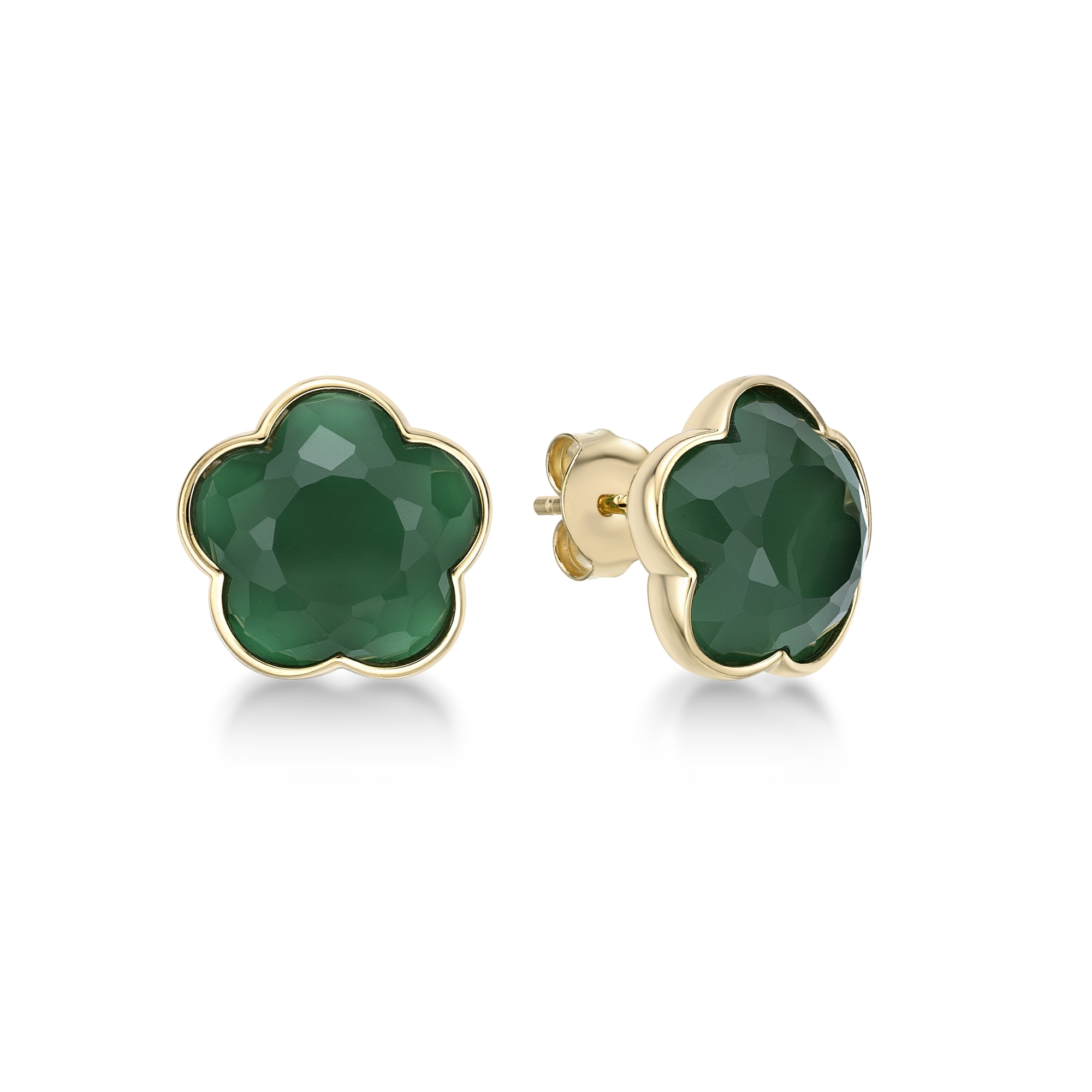 Women's Green Onyx Flower Stud Earrings in Yellow Gold Plated Sterling Silver - Friciton Back - Flora | Lavari Jewelers