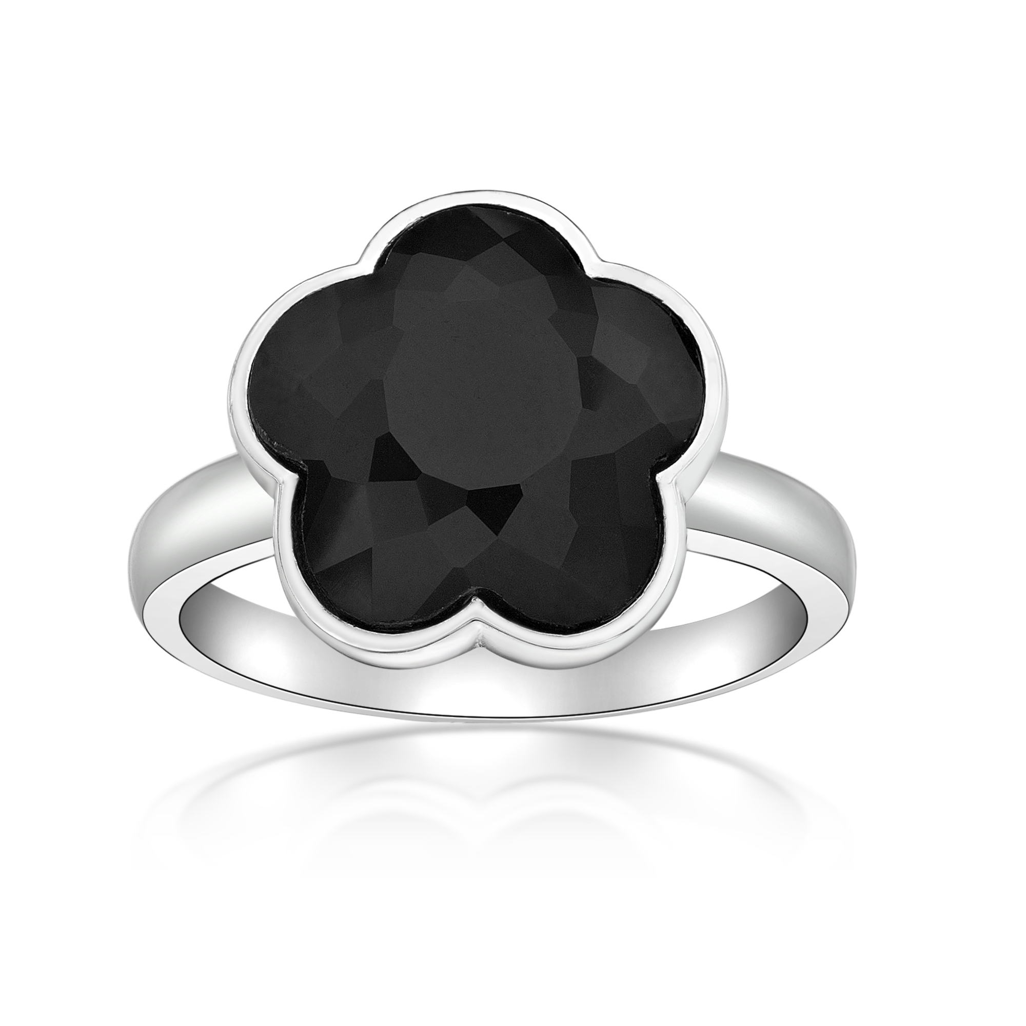 Lavari Jewelers Women’s Black Onyx Five Petal Flower Ring, 925 Sterling Silver, Size 6