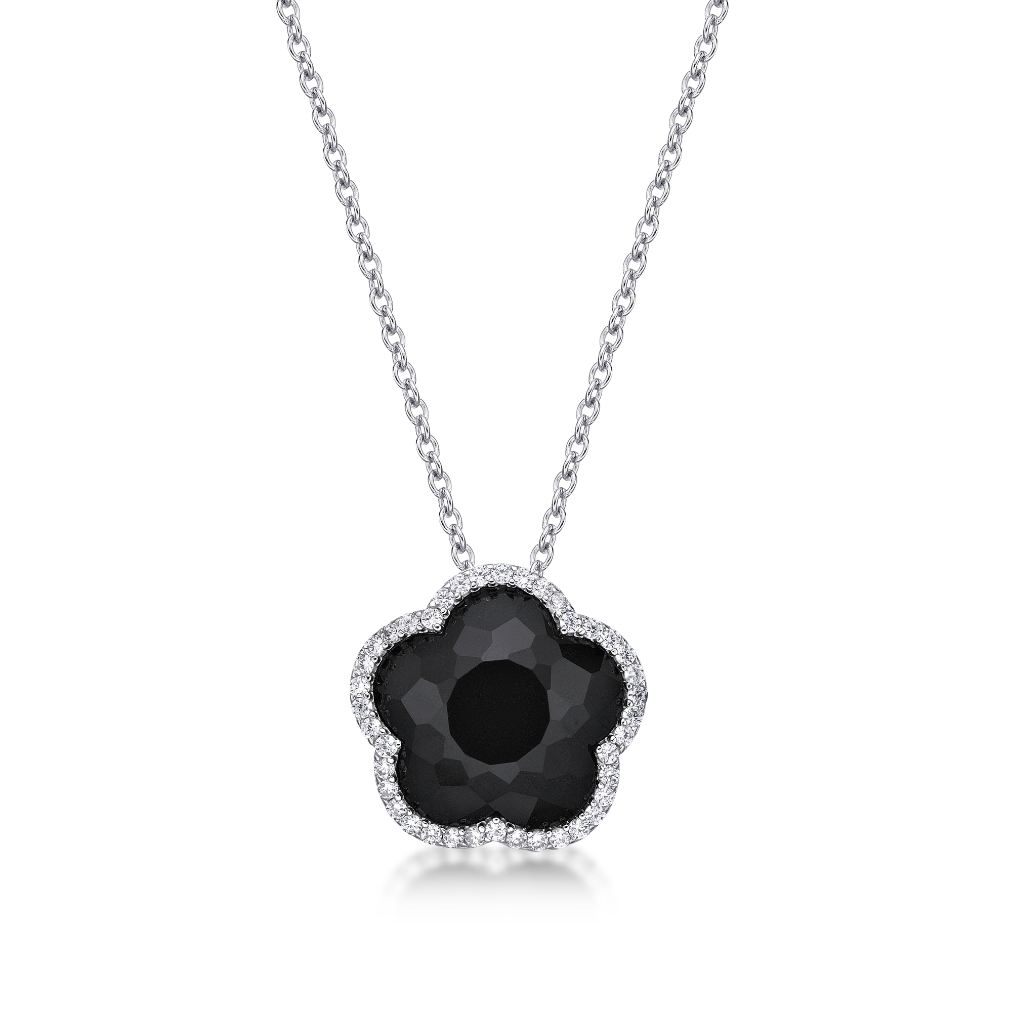 Lavari Jewelers Women’s Black Onyx Five Petal Flower Pendant Necklace with Spring Ring, 925 Sterling Silver, Cubic Zirconia, 18 Inch Chain