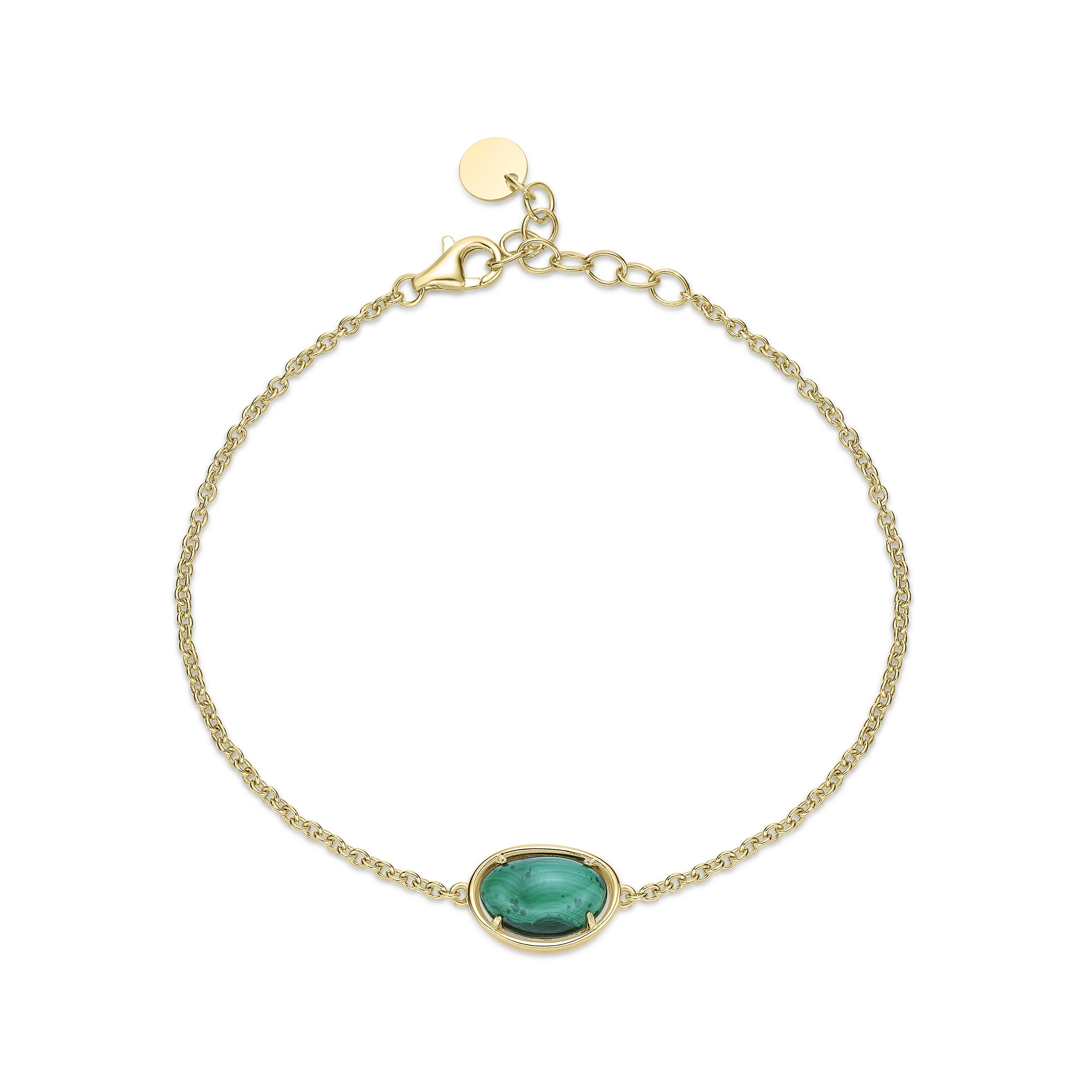 Lavari Jewelers Women's Yellow Sterling Silver Malachite Oval Charm Bracelet with Cubic Zirconia, 8"
