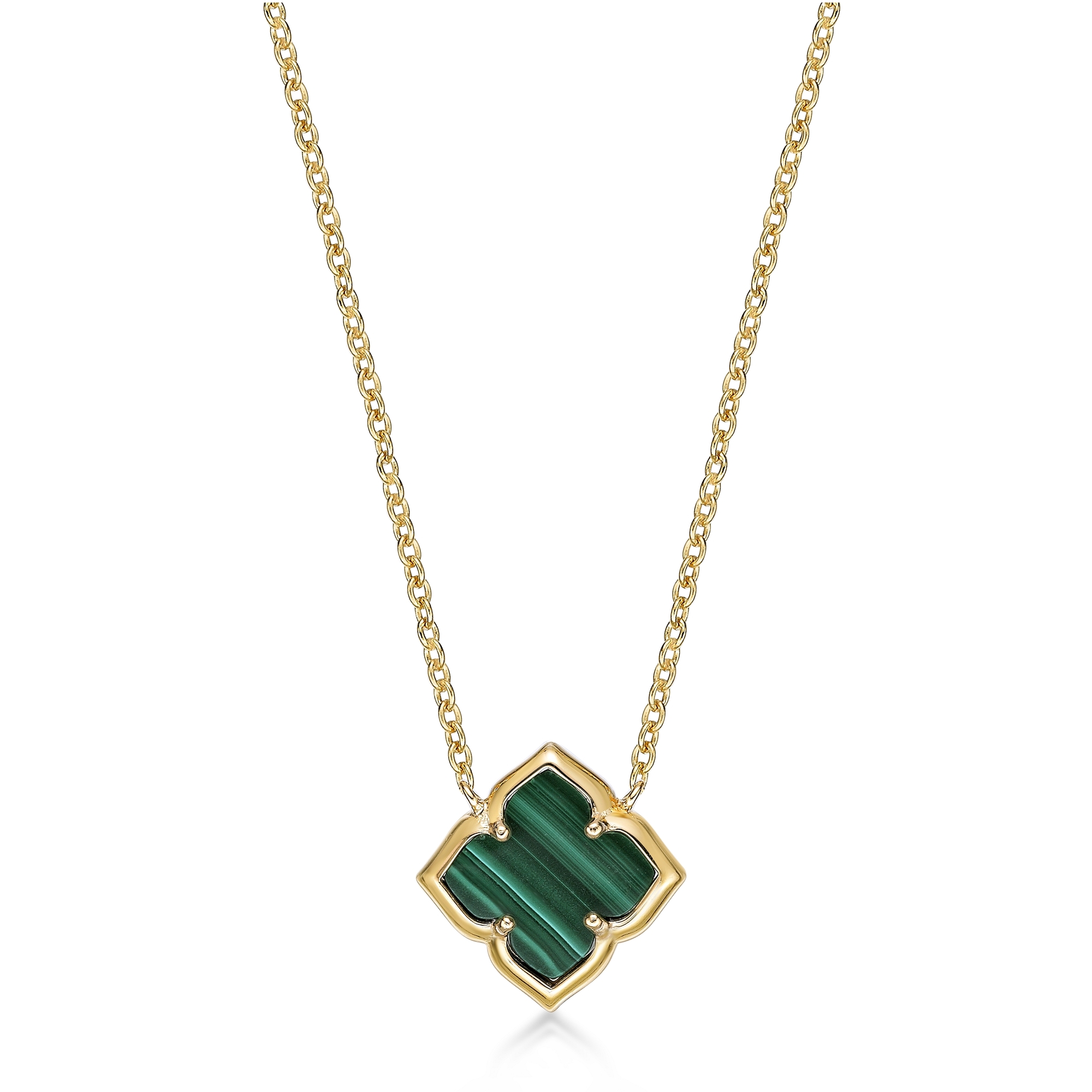 Lavari Jewelers Women’s Malachite Clover Pendant Necklace with Lobster Clasp, 925 Yellow Sterling Silver, 16-18 Inches