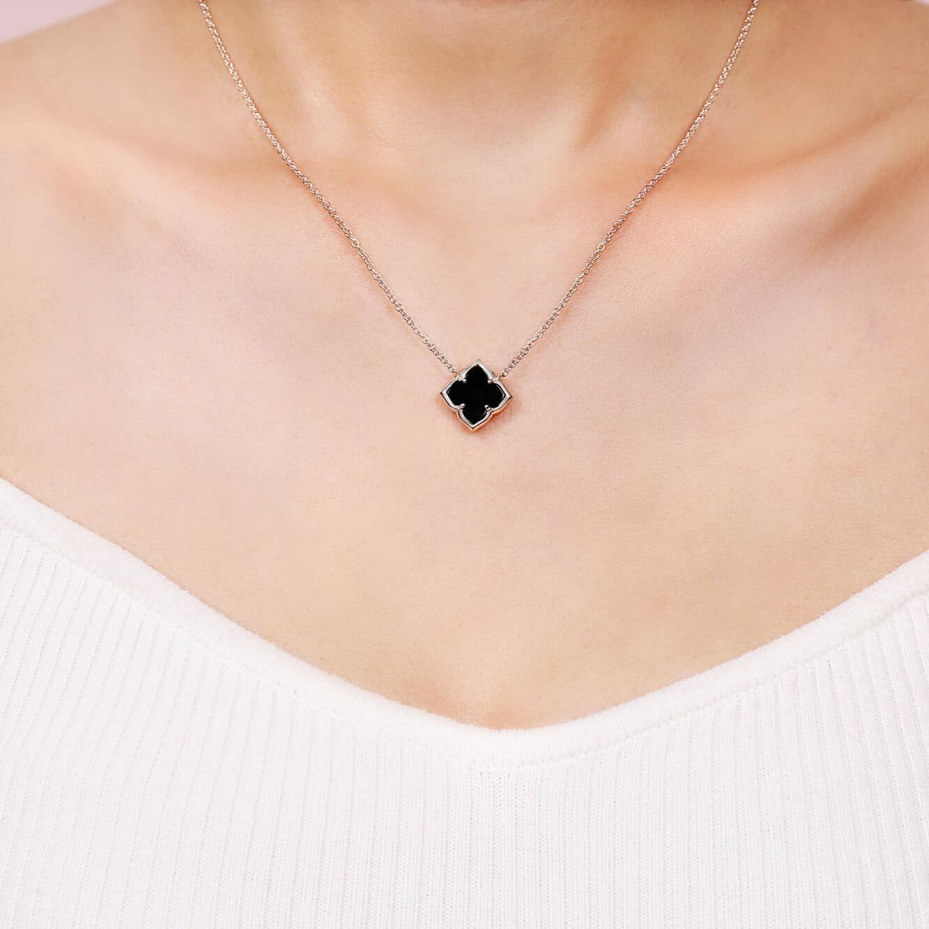 Women's Black Onyx Flower Pendant Necklace in 925 Sterling Silver - 18 Inch Adjustable Cable Chain - Flora | Lavari Jewelers