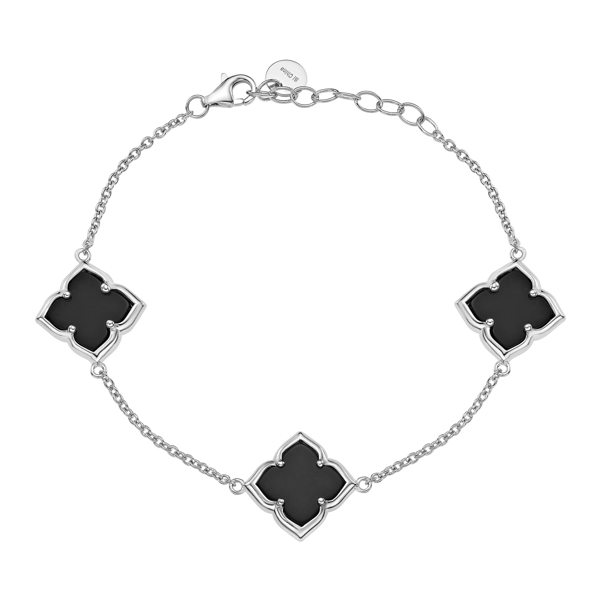 Lavari Jewelers Women’s Black Onyx 3 Clover Bracelet with Lobster Clasp, 925 Sterling Silver, 7-8 Inches