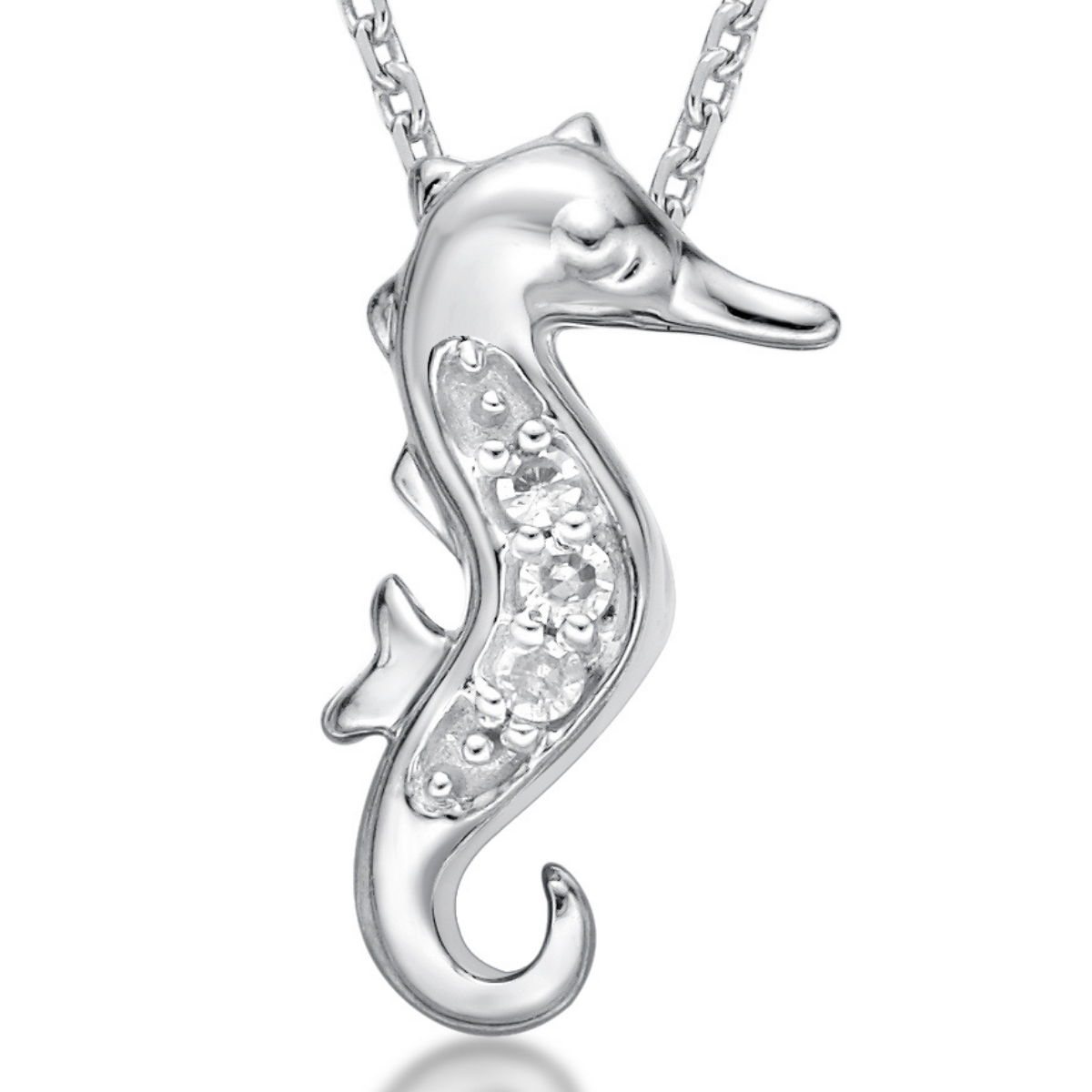 Lavari Jewelers Women's Mini Seahorse Diamond Pendant with Lobster Clasp, 10K White Gold, .01 Cttw, 18 Inch Cable Chain