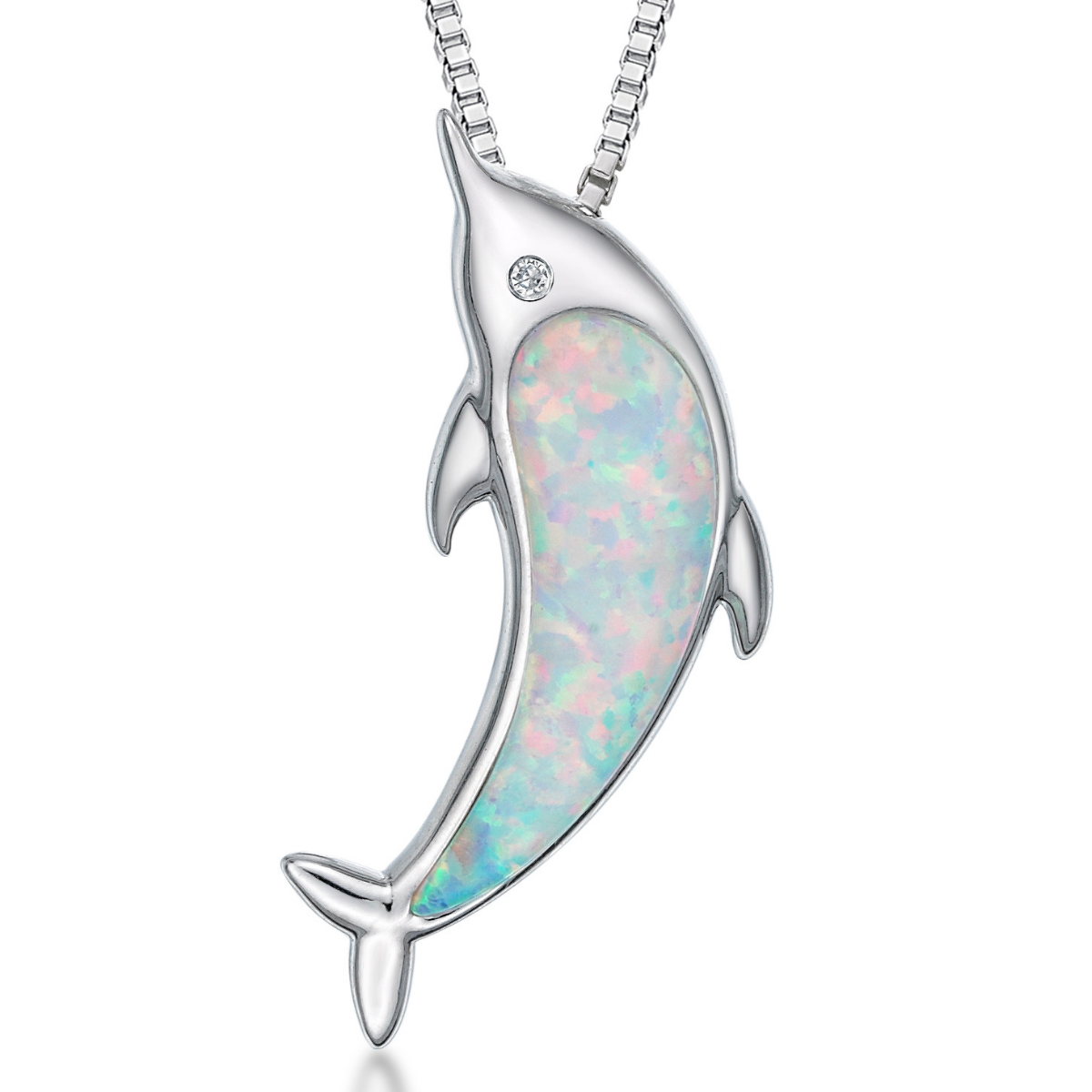 Women's Created White Opal Dolphin Diamond Pendant with Lobster Clasp, Sterling Silver, .003 Cttw, 18 Inch Cable Chain | Lavari Jewelers