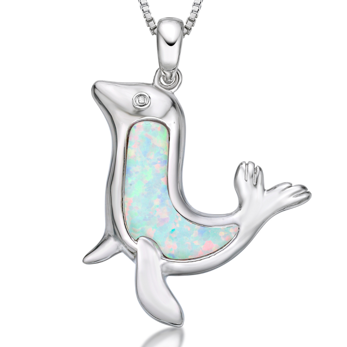 Women's Created White Opal Sea Lion Diamond Pendant with Lobster Clasp, Sterling Silver, .015 Cttw, 18 Inch Cable Chain | Lavari Jewelers