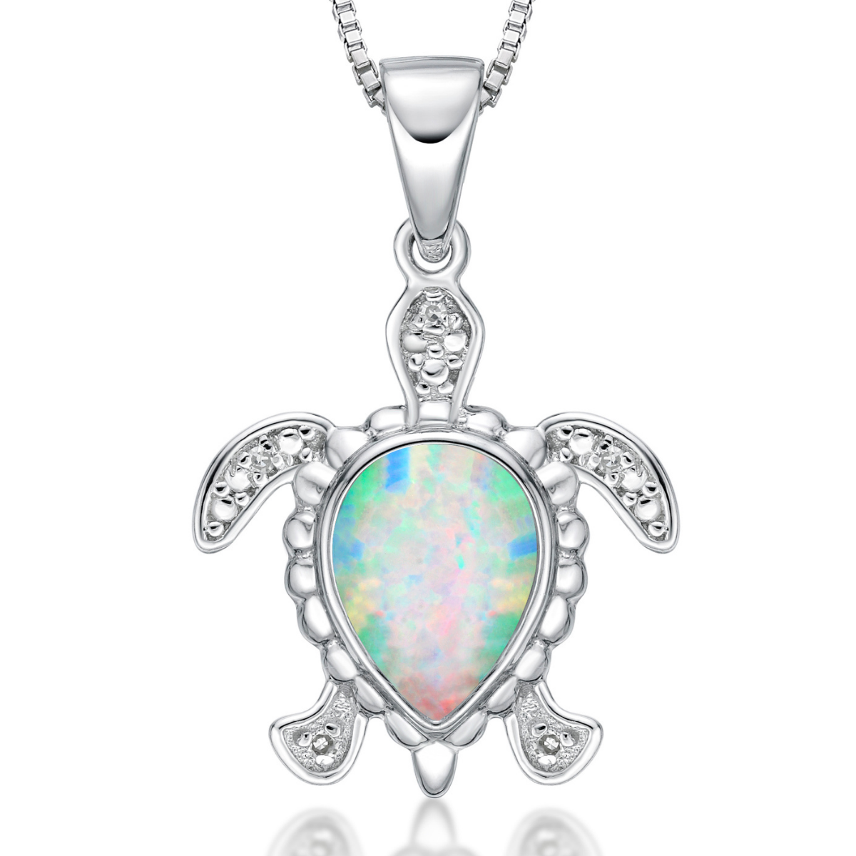 Women's Created White Opal Turtle Diamond Pendant with Lobster Clasp, Sterling Silver, .015 Cttw, 18 Inch Cable Chain | Lavari Jewelers