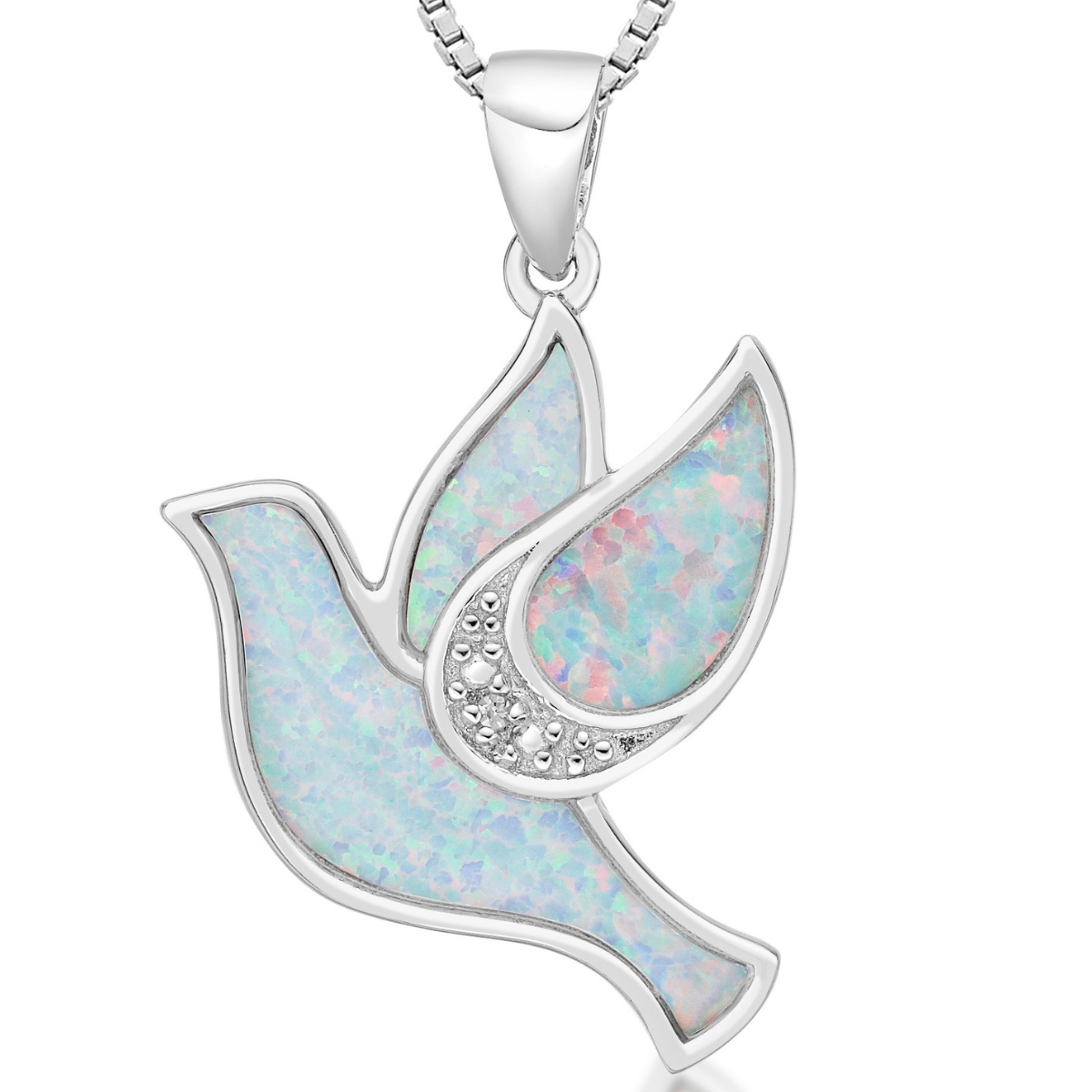 Lavari Jewelers Women's Created White Opal Dove Diamond Pendant with Lobster Clasp, Sterling Silver, .004 Cttw, 18 Inch Cable Chain