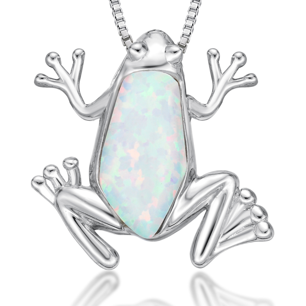 Lavari Jewelers Women's Created White Opal Frog Diamond Pendant with Lobster Clasp, Sterling Silver, .015 Cttw, 18 Inch Cable Chain