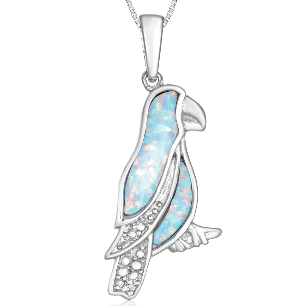 Lavari Jewelers Women's Created White Opal Parrot Diamond Pendant with Lobster Clasp, Sterling Silver, .015 Cttw, 18 Inch Cable Chain