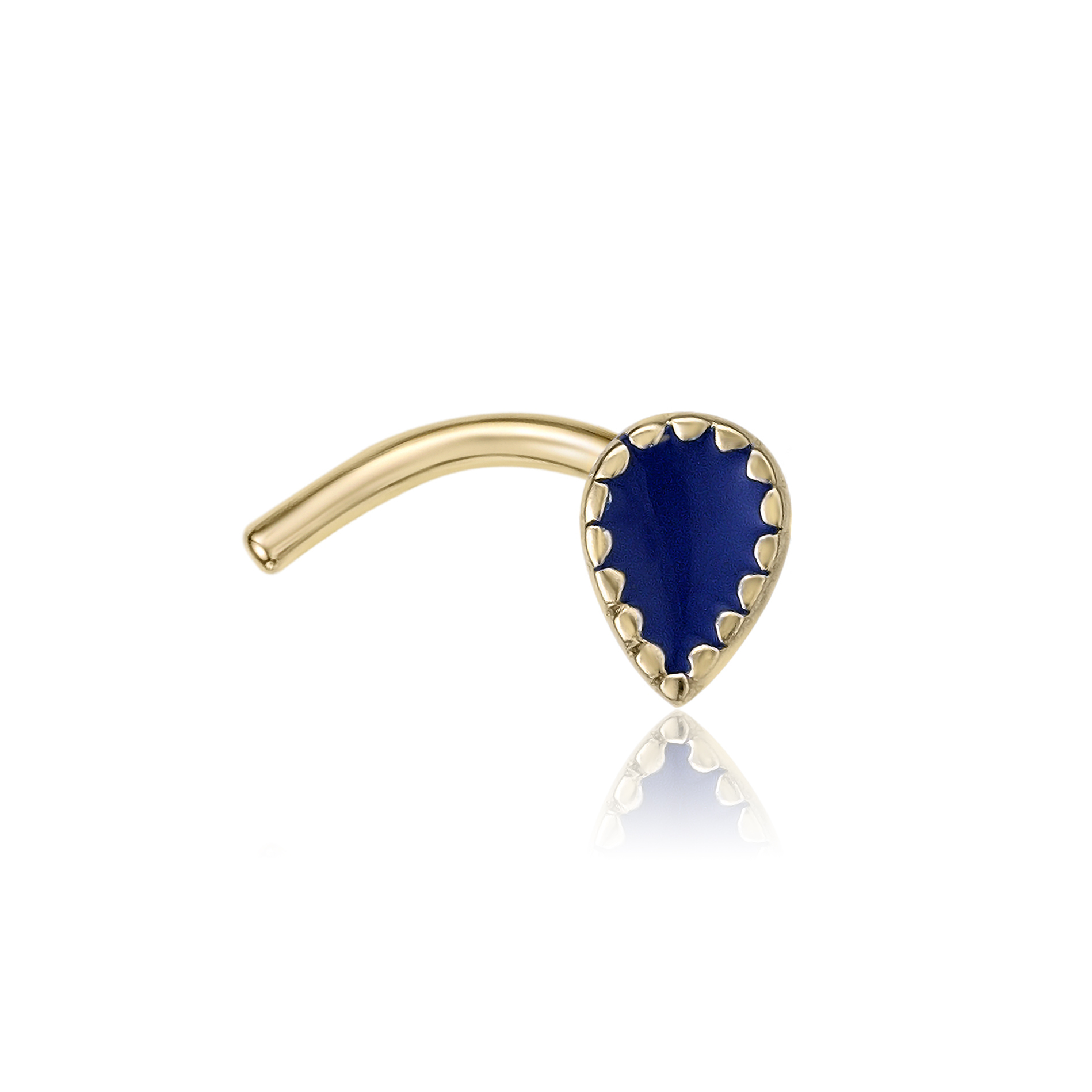 Lavari Jewelers Women's 4.2 MM Blue Enamel Raindrop Curved Nose Ring, 14K Yellow Gold, 20 Gauge