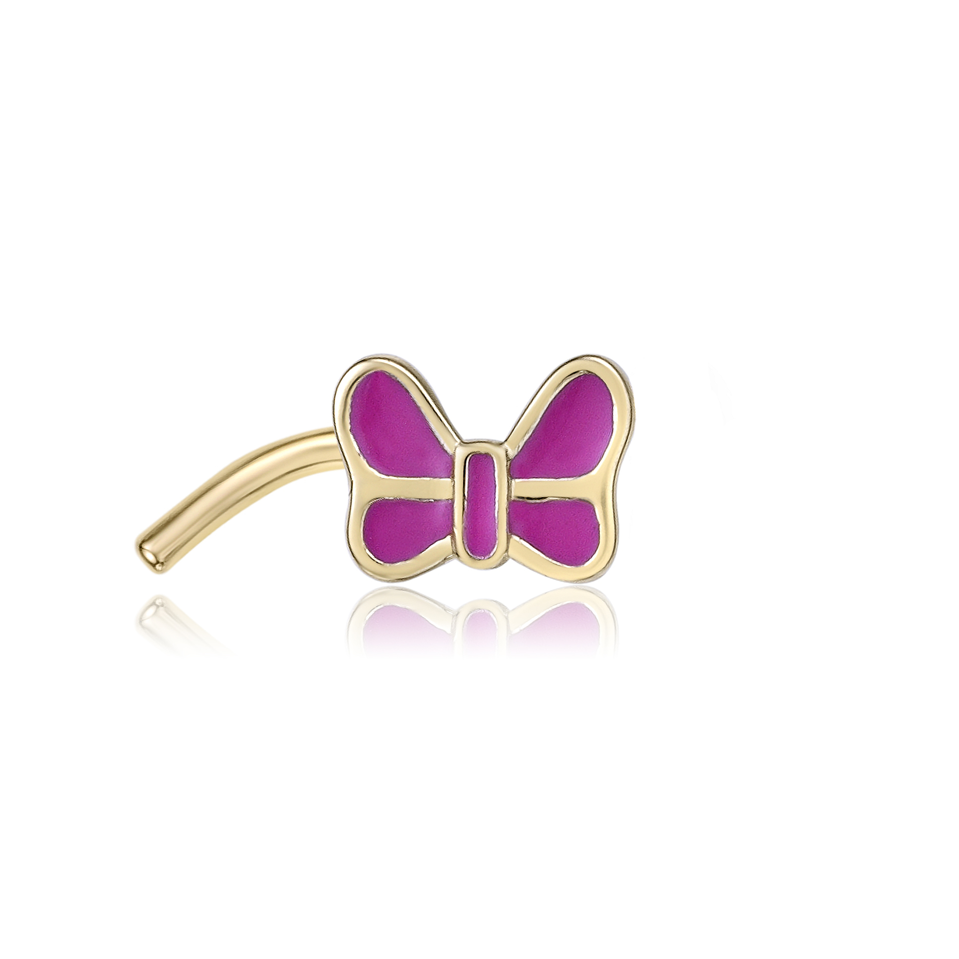 Women's 5.5 MM Pink Enamel Butterfly Curved Nose Ring, 14K Yellow Gold, 20 Gauge  | Lavari Jewelers