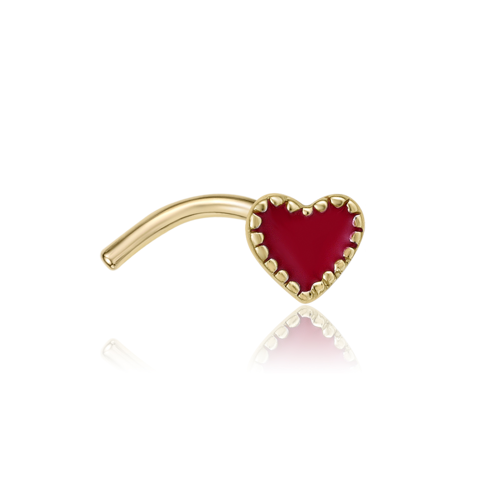 Women's 3.8 MM Red Enamel Heart Curved Nose Ring, 14K Yellow Gold, 20 Gauge  | Lavari Jewelers