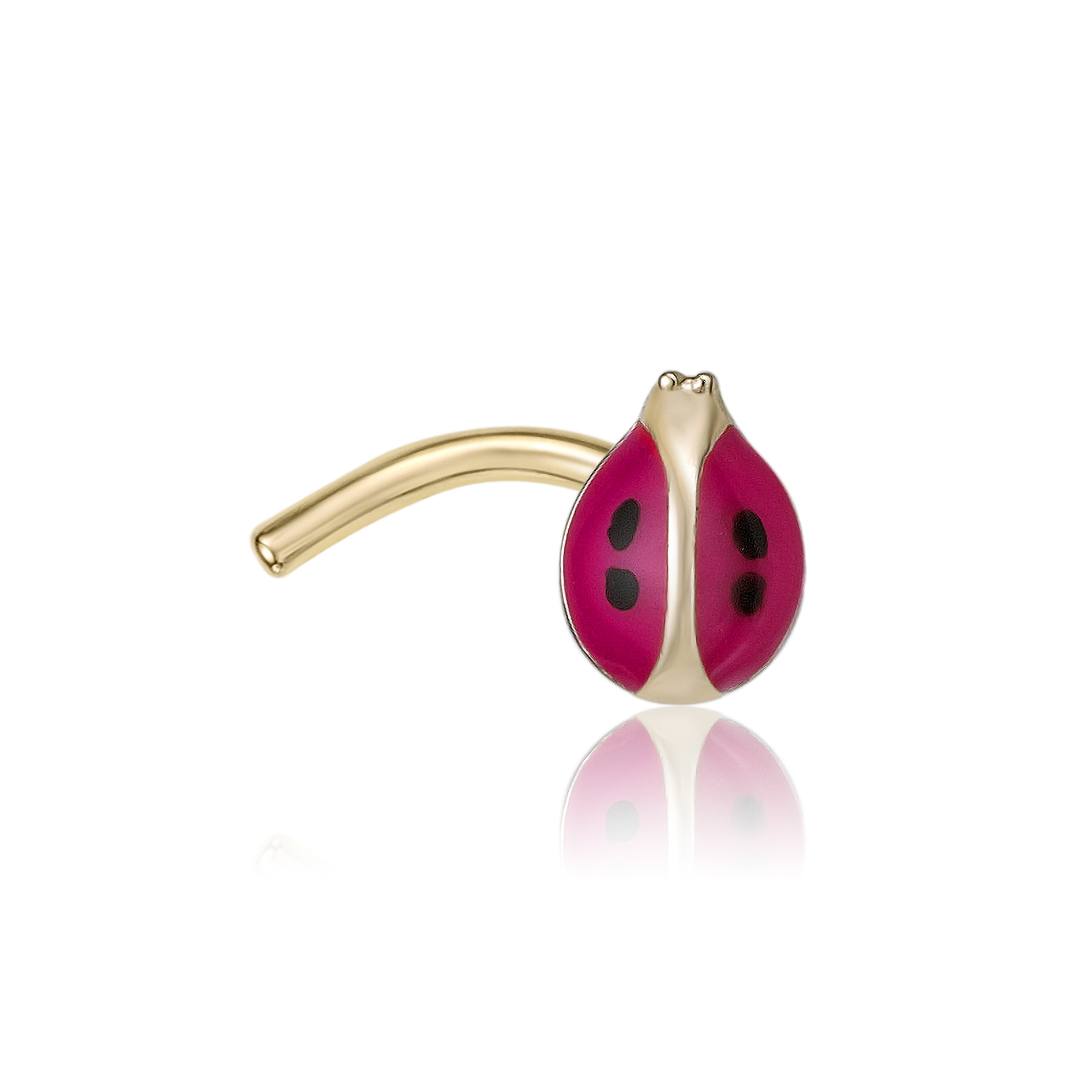 Women's 4.7 MM Red and Black Enamel Ladybug Curved Nose Ring, 14K Yellow Gold, 20 Gauge  | Lavari Jewelers