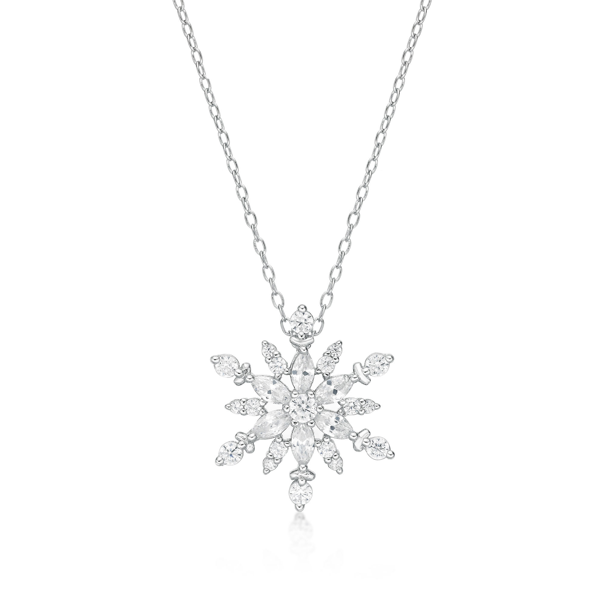 Women's Flurry Snowflake Pendant with Lobster Clasp, Sterling Silver, Cubic Zirconia, 18 Inch Adjustable Chain | Lavari Jewelers