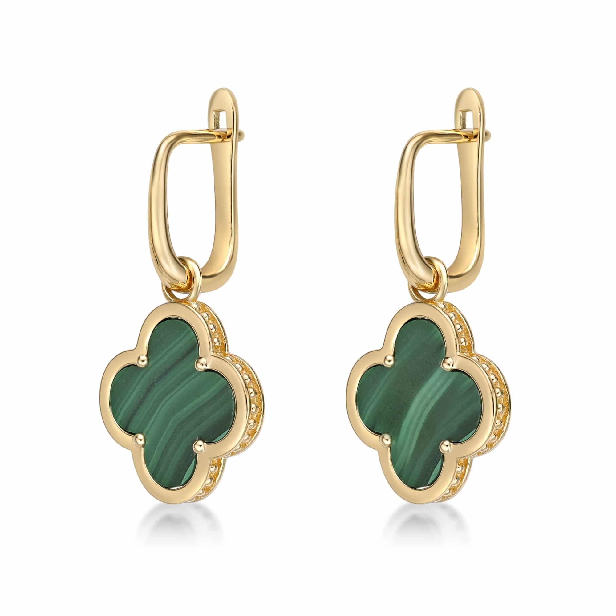 Women's Malachite Flower Earrings in Yellow Gold Plated Sterling Silver - Hinged Back - Flora | Lavari Jewelers