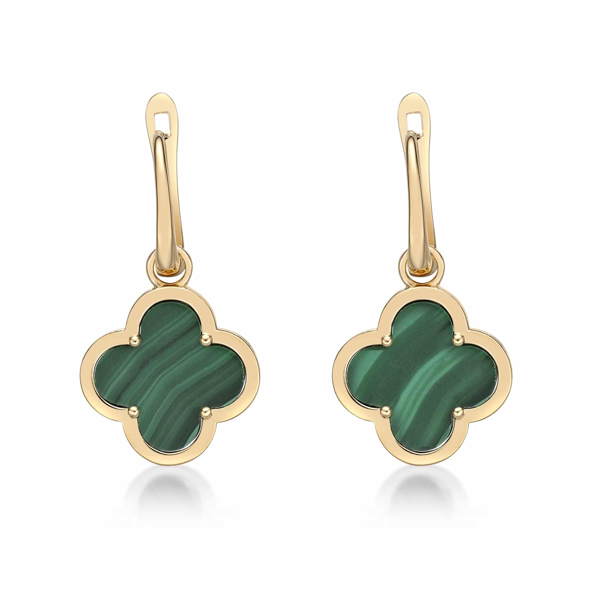 Women's Malachite Flower Earrings in Yellow Gold Plated Sterling Silver - Hinged Back - Flora | Lavari Jewelers