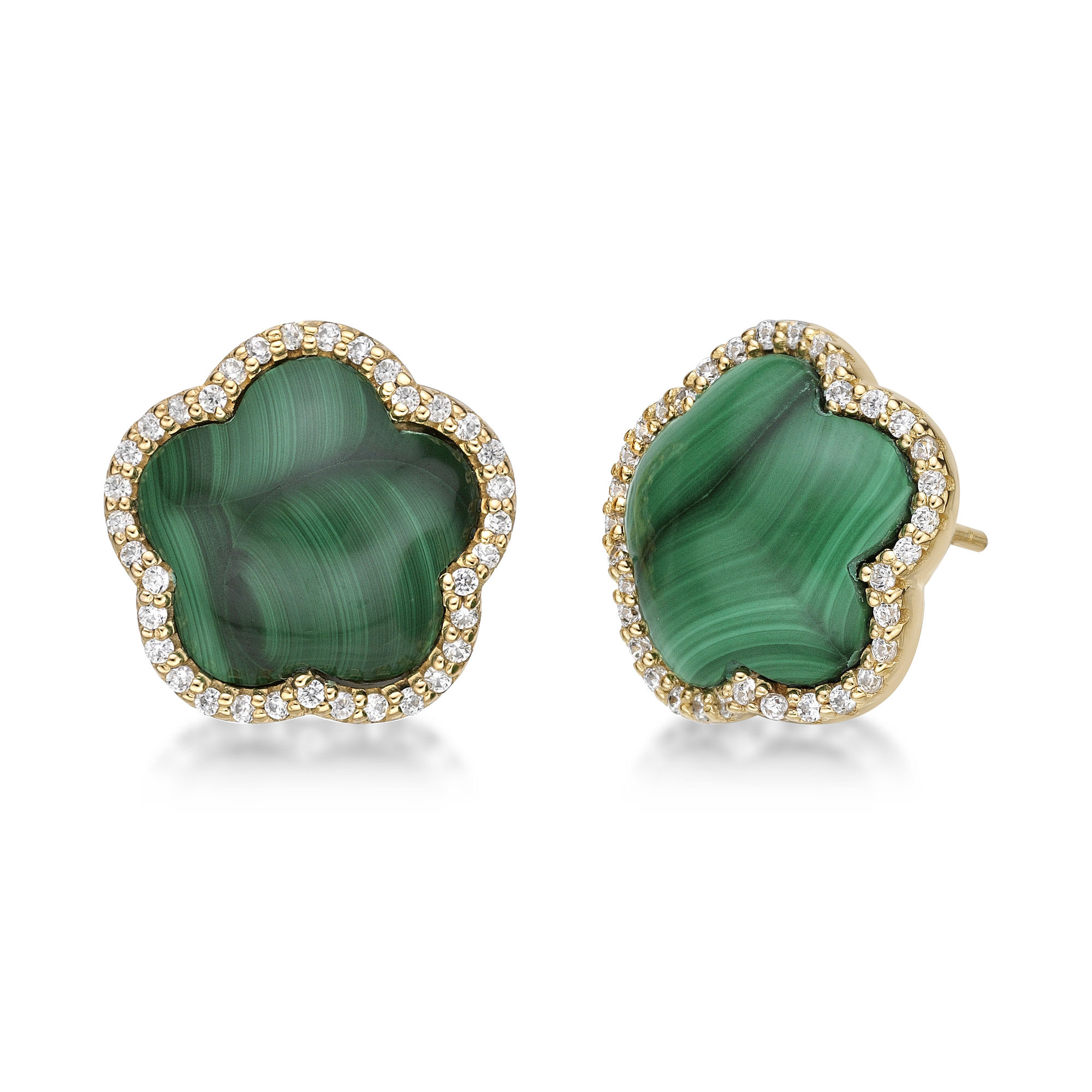 Women's Malachite Flower Stud Earrings in Yellow Gold Plated Sterling Silver with Cubic Zirconia Halo - Friction Back - Flora | Lavari Jewelers