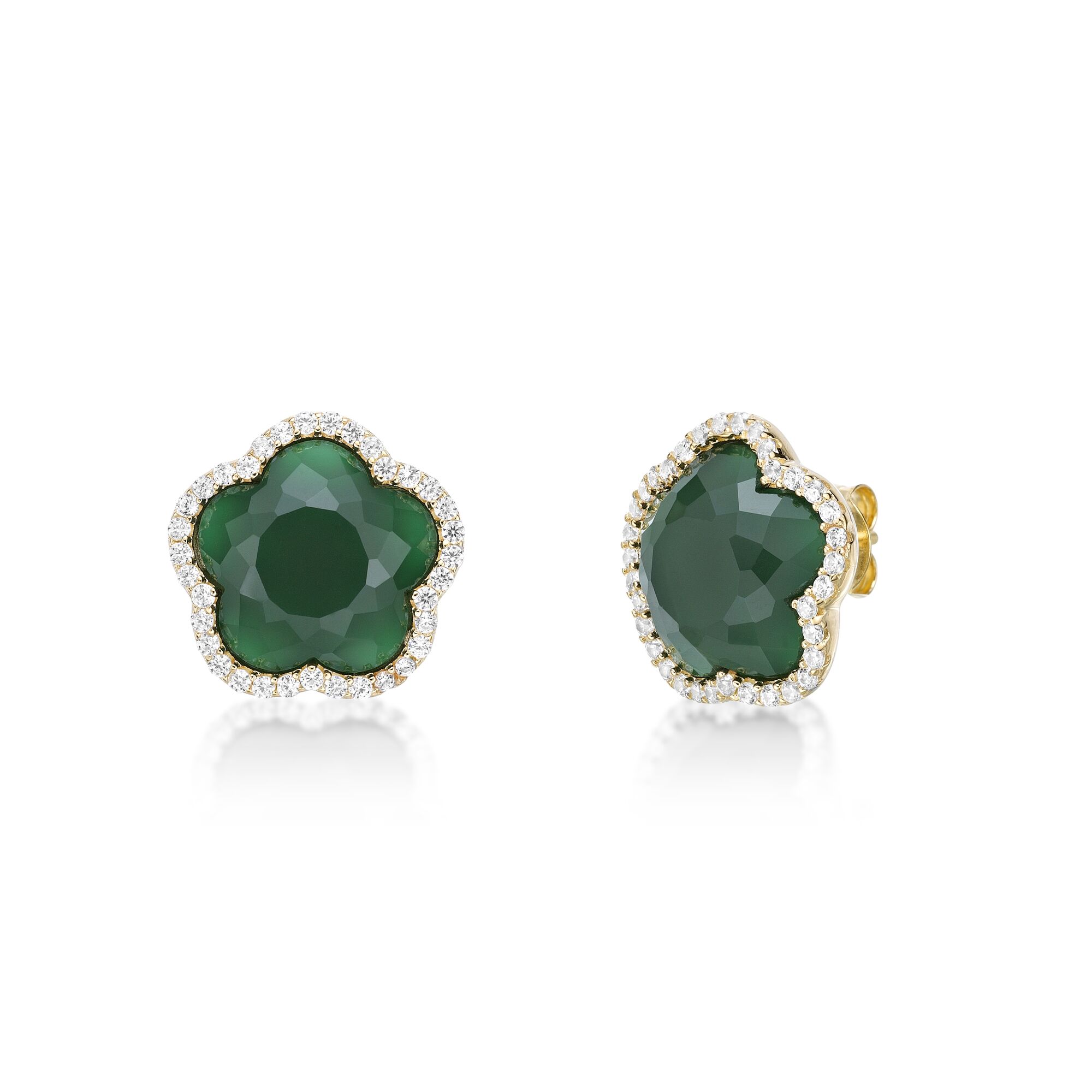 Lavari Jewelers Women’s Green Onyx Five Petal Flower Stud Earrings with Friction Back and Yellow Gold Plating, 925 Sterling Silver, Cubic Zirconia